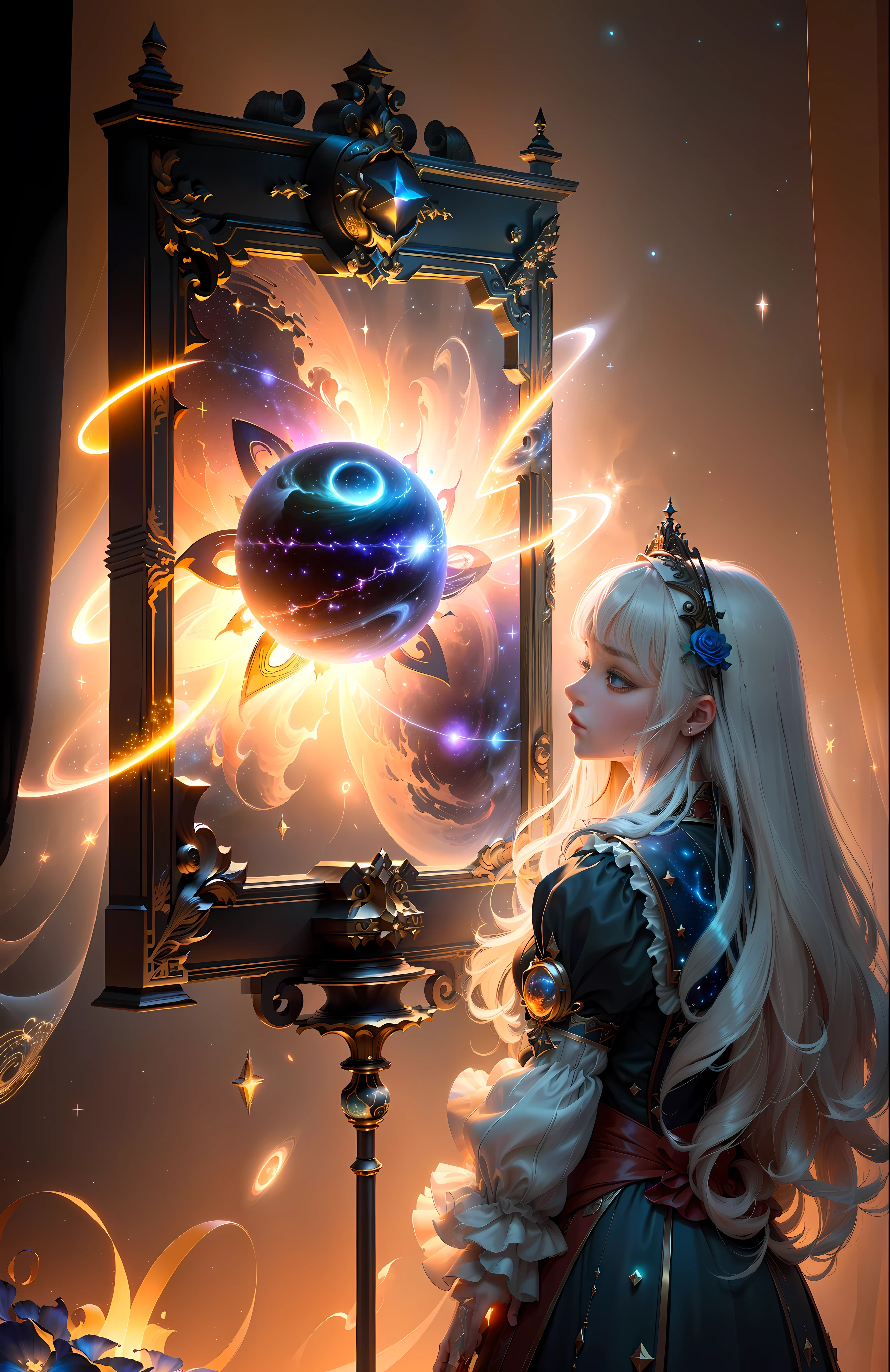Masterpiece, best quality, (very detailed CG unity 8k wallpaper), (best quality), (best illustration), (best shadows), cosmic theme with natural elements. Circle, surrounded by planetary orbits and turbulence, with fireflies and glowing particle effects, (natural elements), (cosmic theme), (stars), (milky way), (stars), void, (delicate celestial bodies), (luminous), (particle effects). , isometric 3D, Octane rendering, ray tracing, super detailed (extremely detailed CG Unity 8k wallpaper, masterpiece, high quality, super detailed), 1girl (charming girl, lavish decoration, gorgeous, and charming red rose), (dynamic view, dazzling eyes, long silver hair: 1.3, fine collection,) surrounded by arcane runes, (magic and mysterious background, firefly lights, glowing particles, ethereal fog and darkness), high saturation