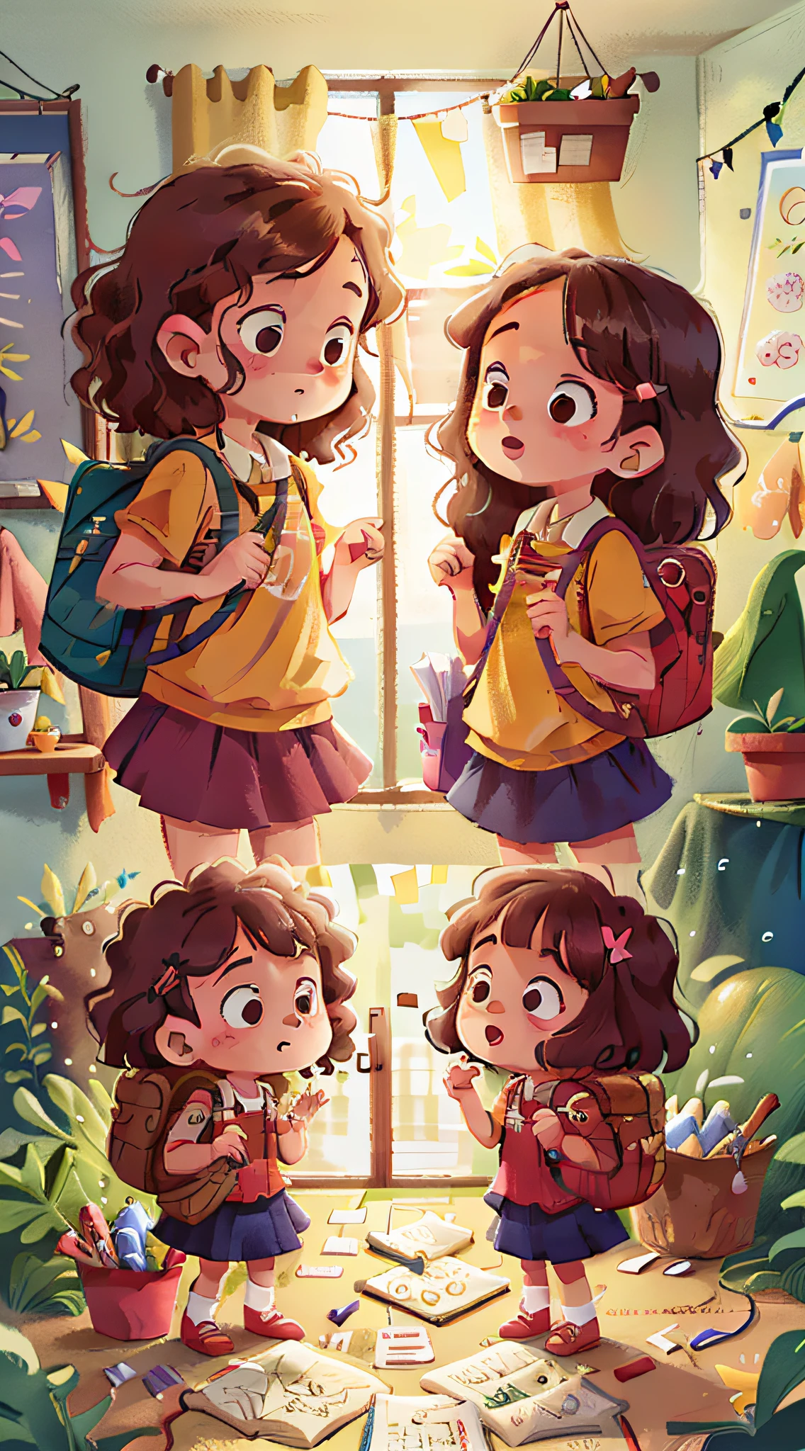 Two girls, twins, curly brown hair, going to school