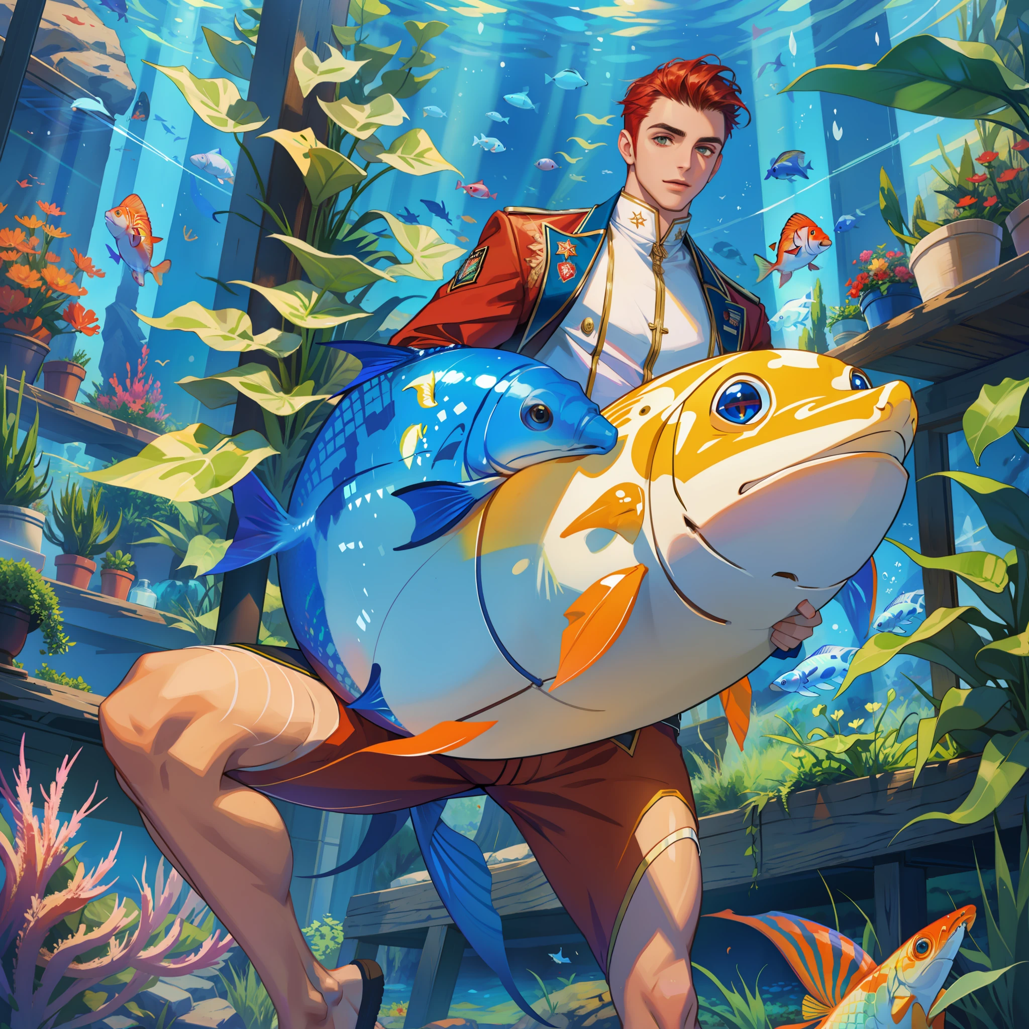 Gorgeous young man trapped in a giant aquarium