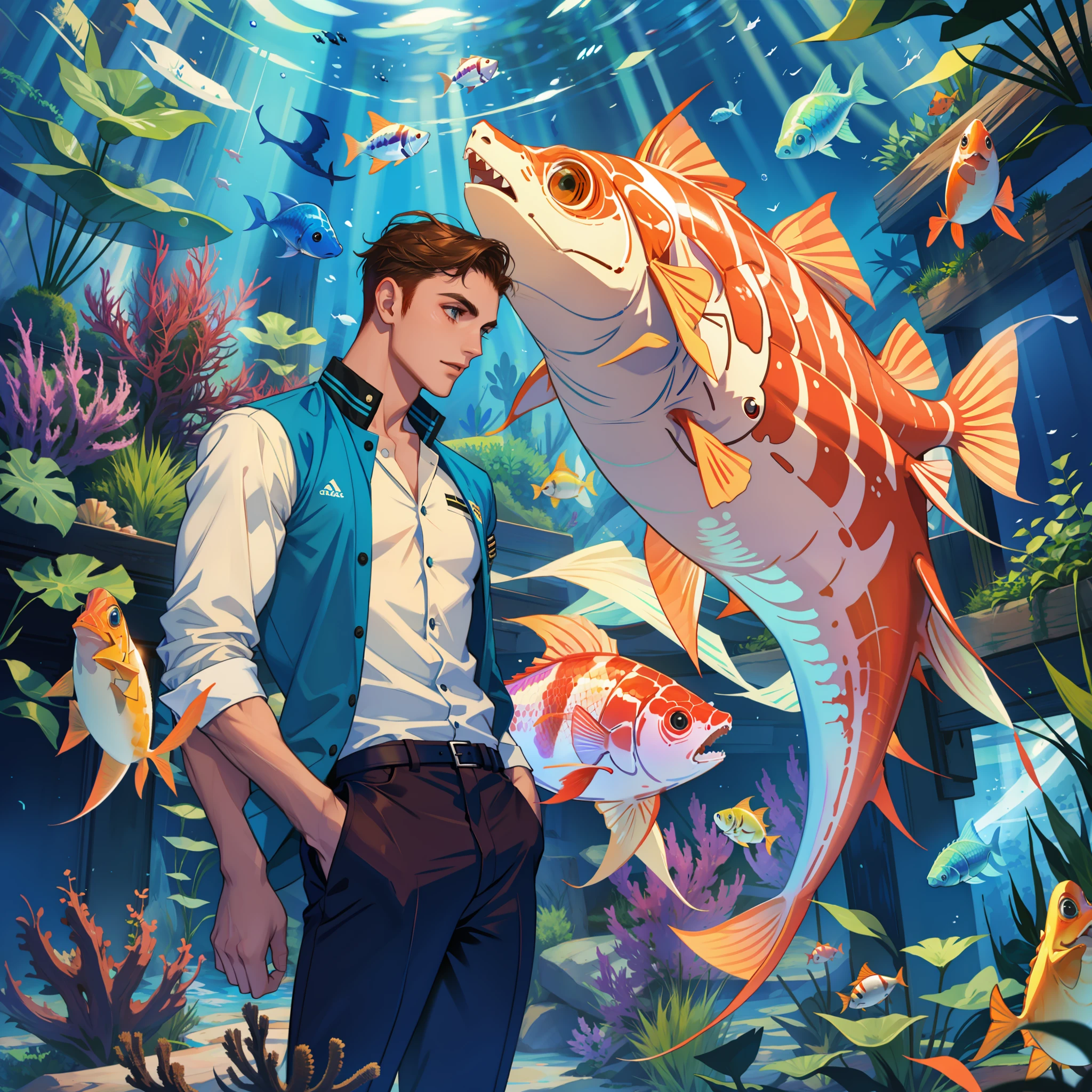 Gorgeous young man trapped in a giant aquarium
