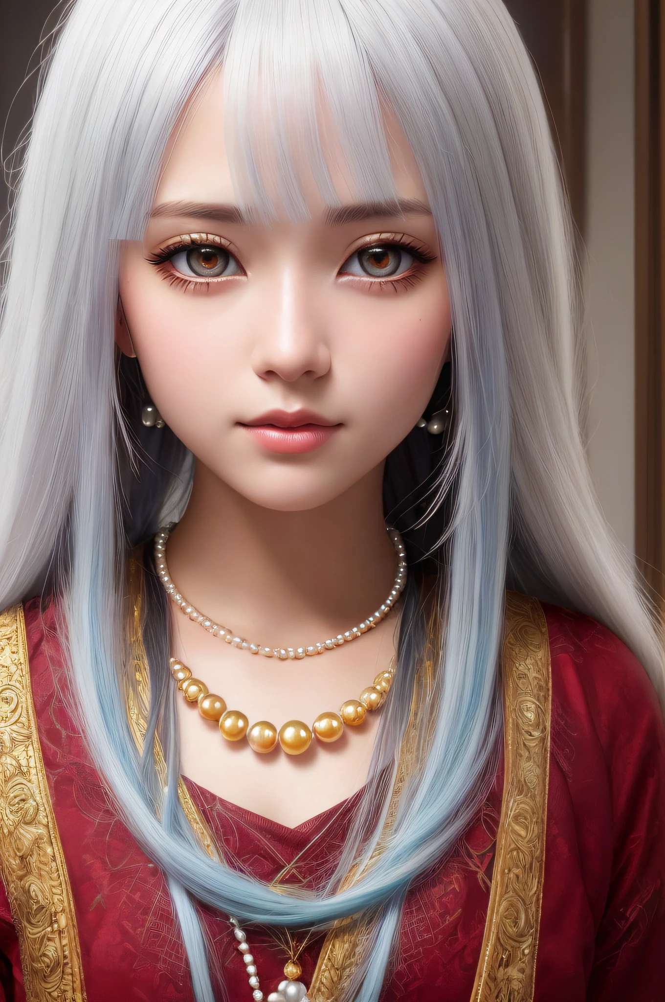 Closeup face portrait of a person, smooth soft skin, big dreamy eyes, beautiful intricate (colored hair:1. 2), black false eye lashes, white pearls in her hair, gold necklace, symmetrical, red earring, anime wide eyes, soft lighting, detailed face, by makoto shinkai, stanley artgerm lau, wlop, rossdraws, concept art, digital painting, looking into camera, 16k, UHD, HDR, (Masterpiece:1. 5), (best quality:1. 5)