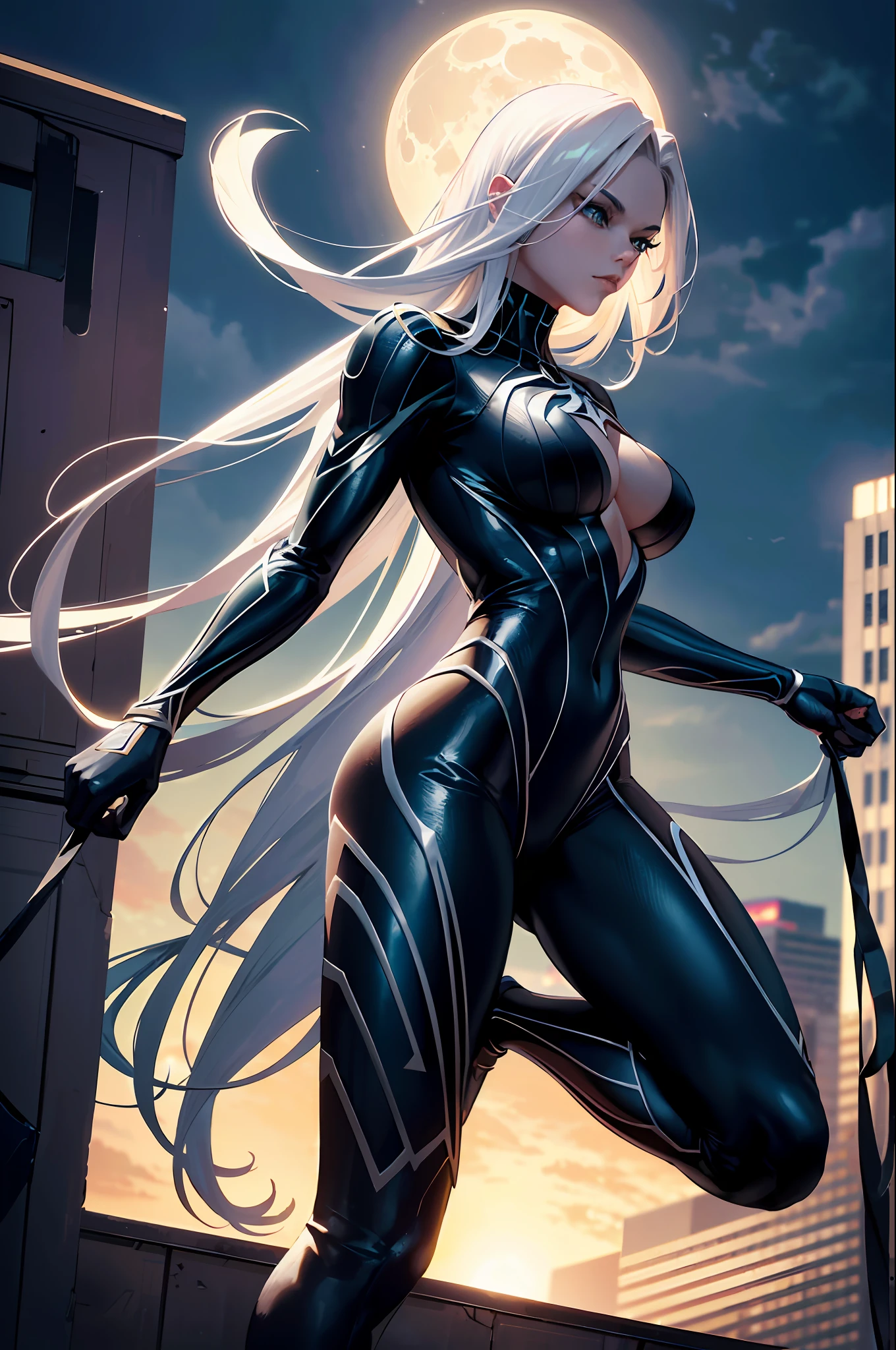 (Masterpiece, 4k resolution, ultra-realistic, very detailed), (Black superhero theme, charismatic, there's a girl on top of town, wearing Venom costume, she's a superhero), [ ((25 years), (long white hair:1.2), full body, (green eyes:1.2), ((Spider-Man pose), show of strength, jumping from one building to another), ((sandy urban environment):0.8)| (cityscape, at night, dynamic lights), (full moon))] # Explanation: The Prompt mainly describes a 4K painting of ultra-high definition, very realistic, very detailed. It shows a superheroine at the top of the city, wearing a Spider-Man costume. The theme in the painting is a venom superhero theme, the female protagonist has long white hair, is 25 years old and her entire body is shown in the painting. In terms of portraying the actions of superheroines, spiders are employed