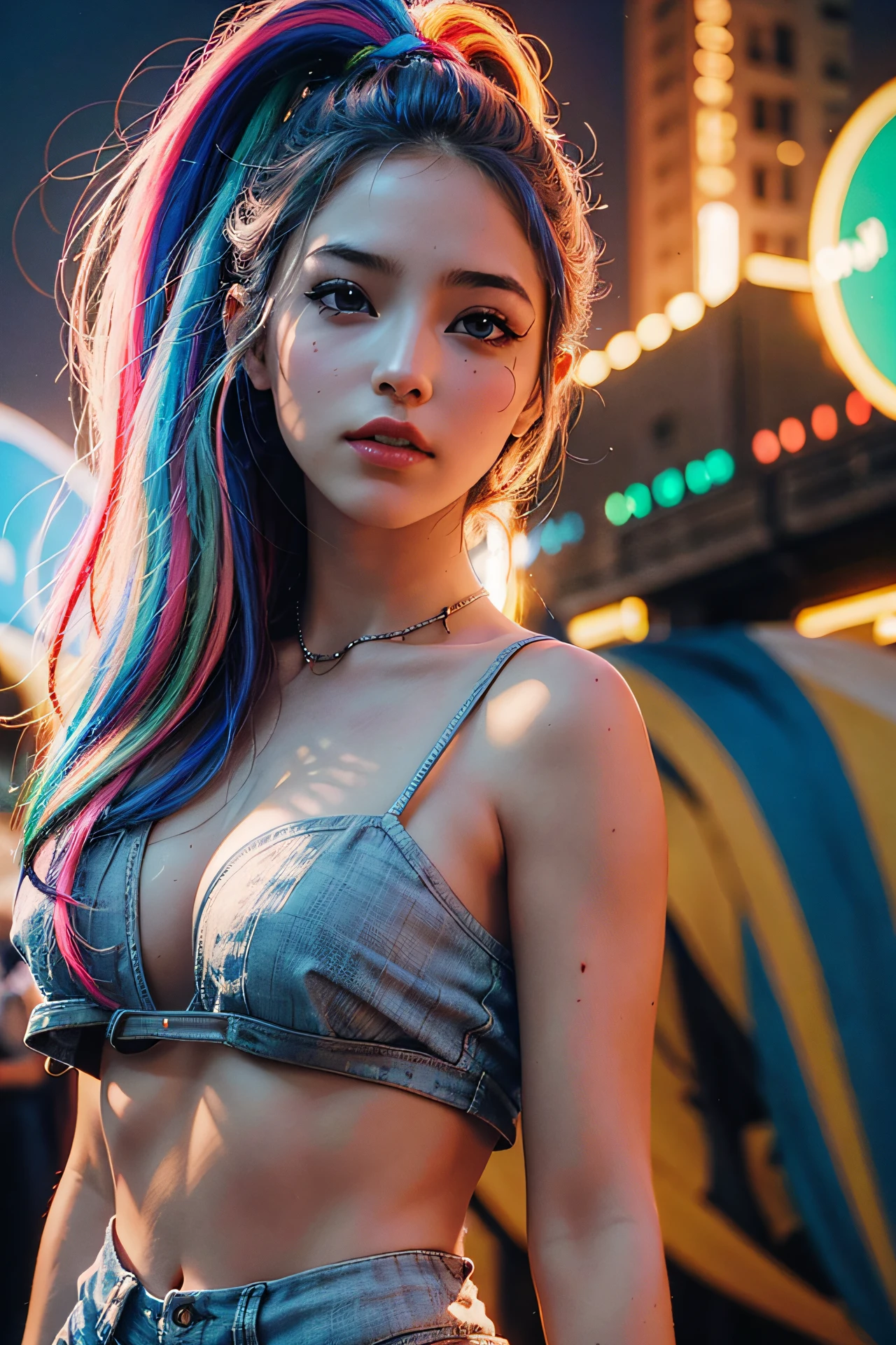 bandeau, 1girl, festival rave, night, rays of light, eoc, delirium, highres, lens reflection, led, masterpiece, cinematic lighting, perfect skin, long and vivid colored hair, toned, cameltoe, focus on breasts, focus on legs