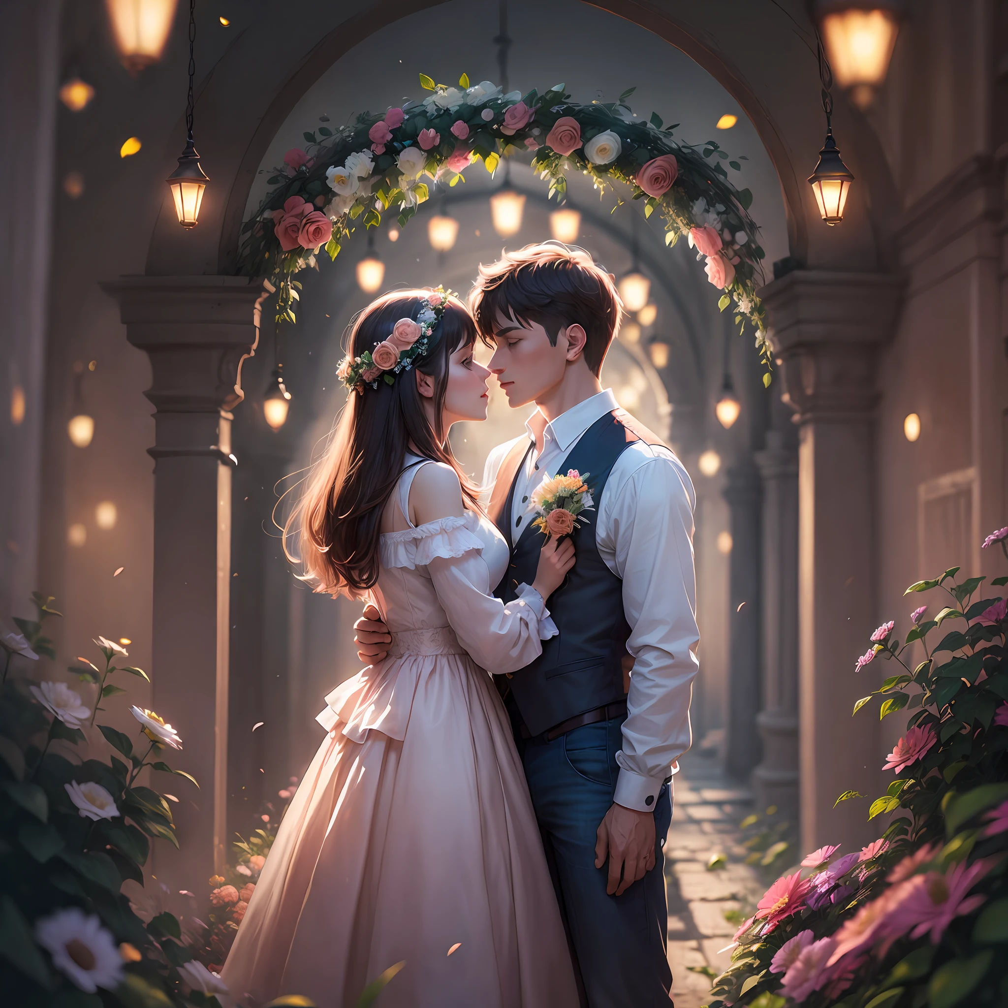 (Couple:1.5),(Magic:1.4),(flowers:1.2),(lights:1.2)