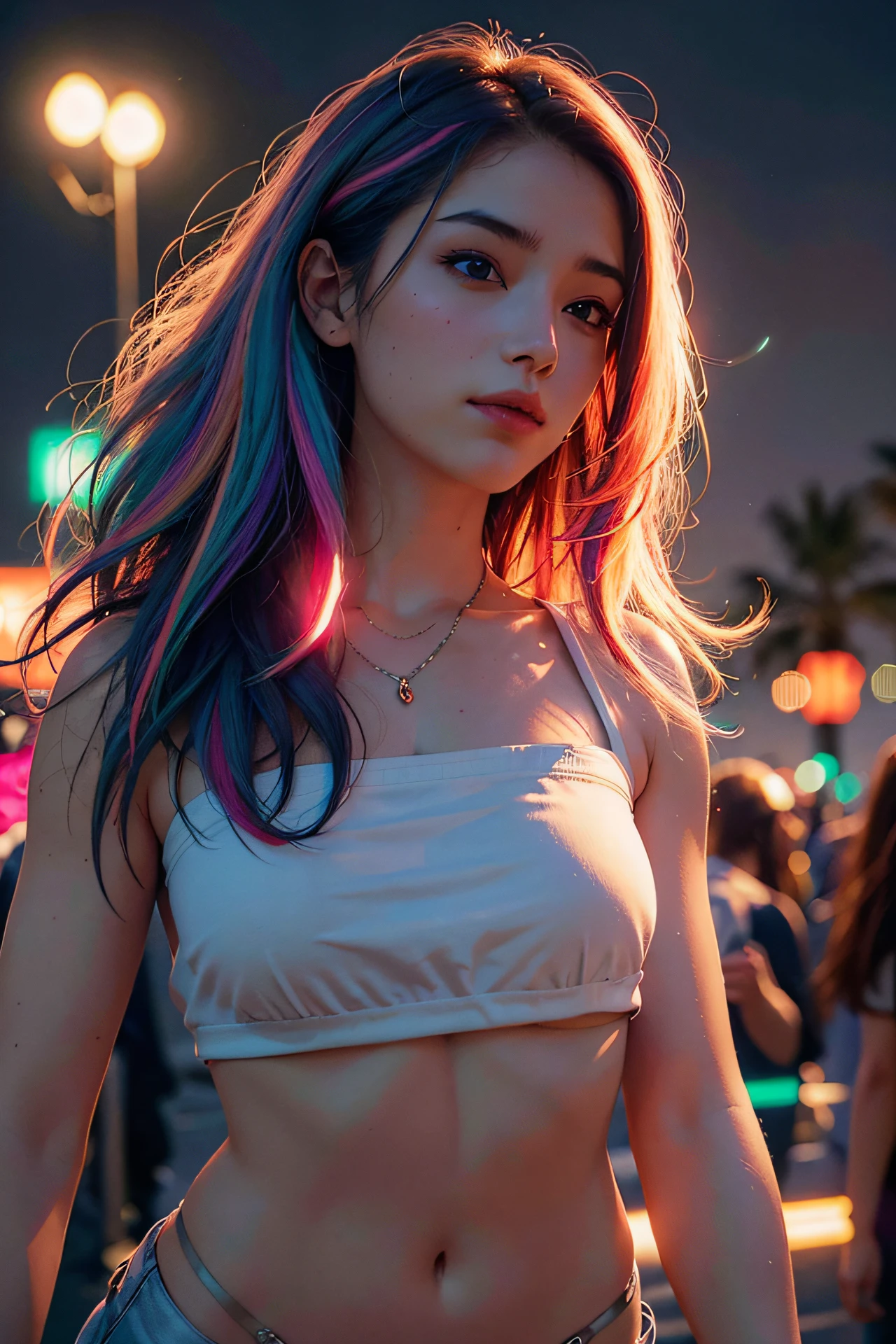 bandeau, 1girl, festival rave, night, rays of light, eoc, delirium, highres, lens reflection, led, masterpiece, cinematic lighting, perfect skin, long and vivid colored hair, toned, cameltoe, focus on breasts, focus on legs