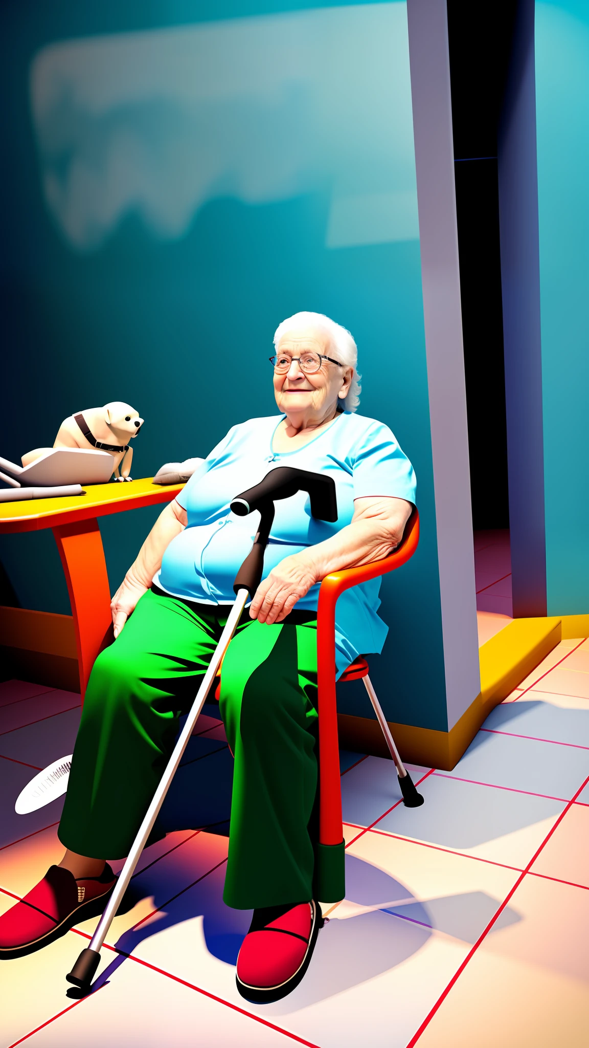 Elderly woman sitting in chair with cane and crutches on her feet, glasses, she is about 80 years old, fat, an old lady, 8k, ultra definition, ultra quality, ultra definition, realistic