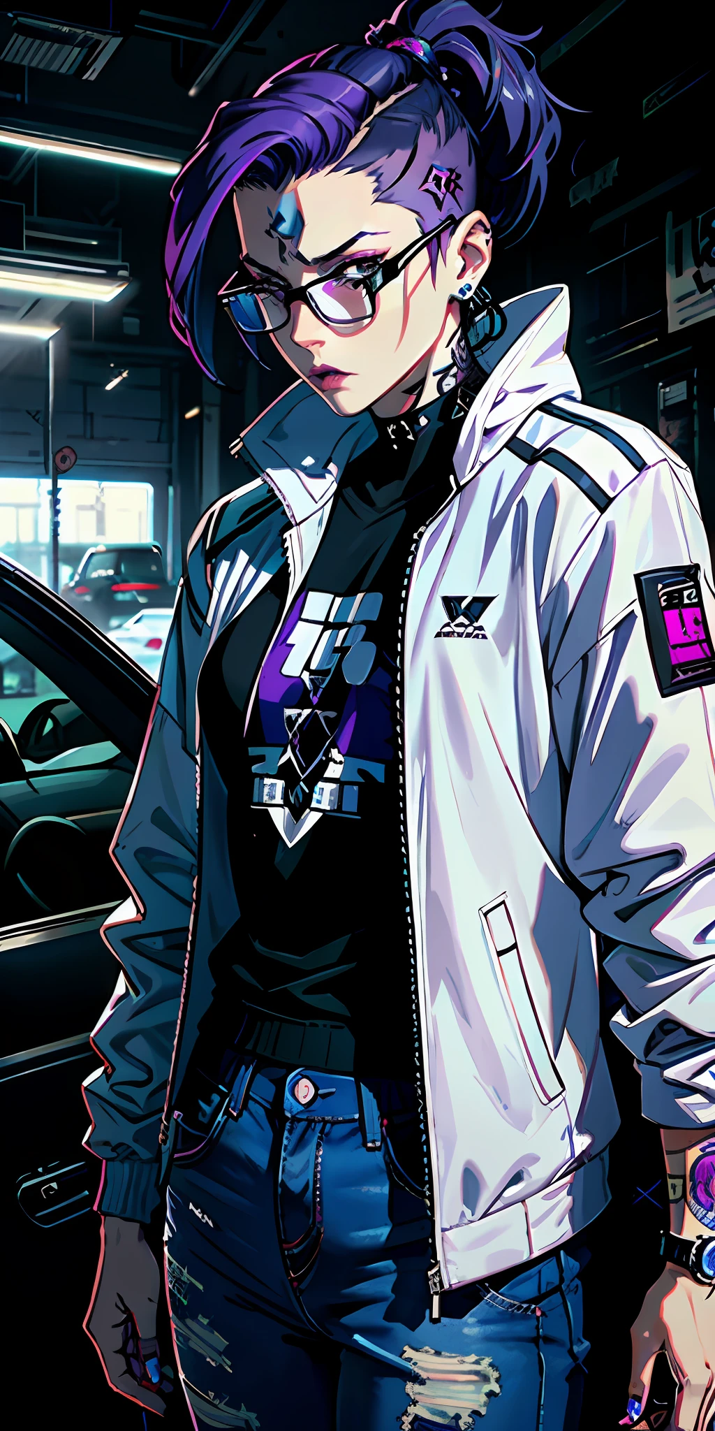 adult, gothic, girl face, serious face, glasses, provocative look, hair: undercut, cybernetic, cyberpunk, tattoo, blue and purple hair, perfect body, fit body, white shirt, jacket: black, jeans, muscular, background: car workshop, supporting in the car