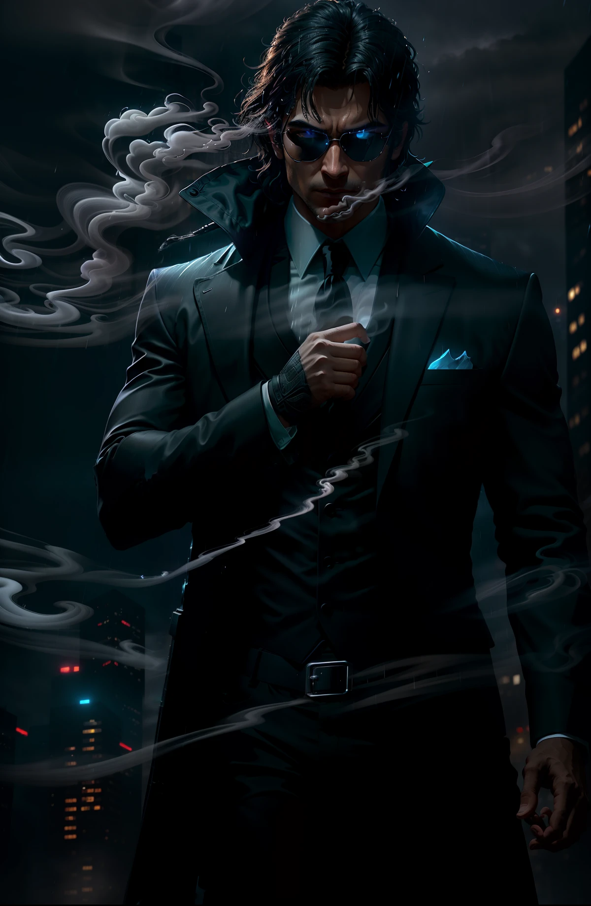 (extremely detailed CG unity 8k wallpaper,masterpiece, best quality, ultra-detailed),(best illumination, best shadow, an extremely delicate and beautiful),

[(1man), black hair, purple eyes,charismatic,tense (pose/articulation), (spectacular suit/suit up),with sword:1.2 or gun:1.1,(urban/cityscape:1.2 | (darkness+smoke+night scene+rain:1.3))],

(crisp and clear, high contrast, black and white:1.2|cool/grey/blue tone filter:1.1), Volumetric light.