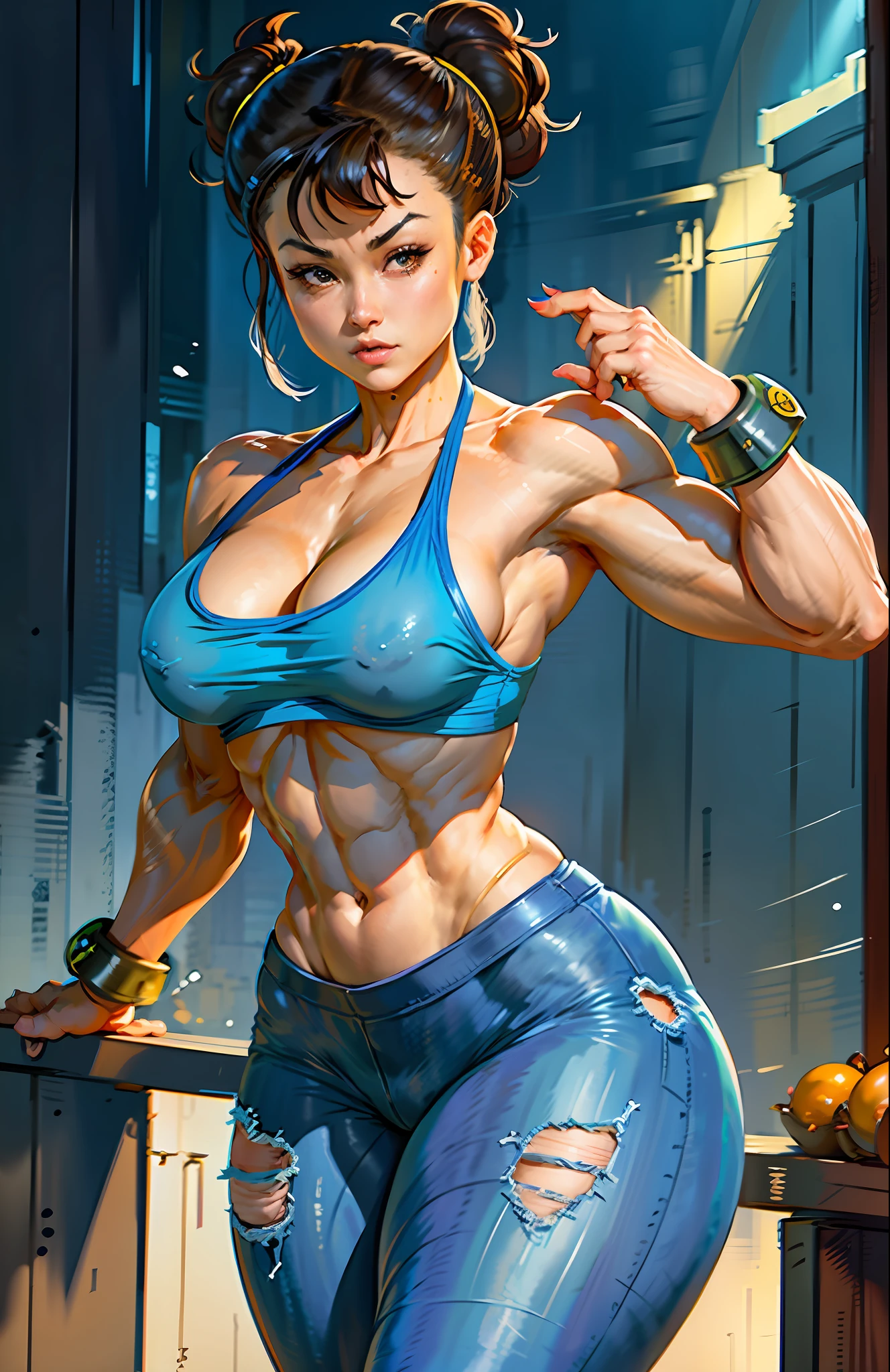 a cartoon picture of a woman in a bikini top and jeans, commission for high res, marin kitagawa fanart, chun li at the gym, thicc, detailed digital anime art, muscular!, chun li, portrait of chun - li, chun-li, chun - li, seductive anime girl, extremely detailed artgerm, [ 4 k digital art ]!!