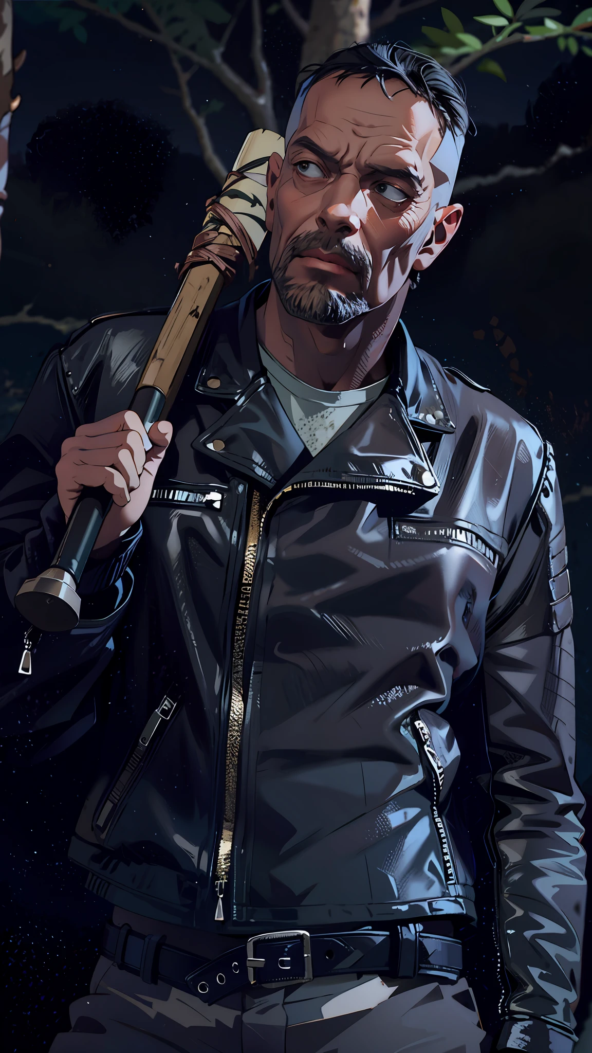 arafed man in leather jacket holding a baseball bat in forest, rick grimes, leather clothing, leather clothes, walter white in the walking dead, in the walking dead, leather jackets, leather clothing and boots, wearing a black leather vest, the walking dead, leather, promo still, stephen lang, profile image, wearing a leather jacket,