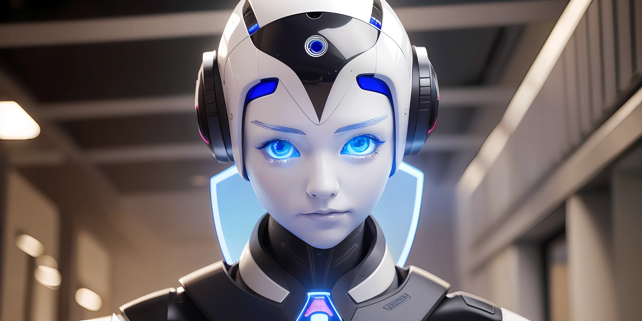 A humanoid robot of perfect physiognomy, kind, with blue eyes, helping people;:: photorealistic::1 realistic::1 technological::1 ultra modern::1 electric arc::1 ultra wide angle lens::1 --auto --s2
