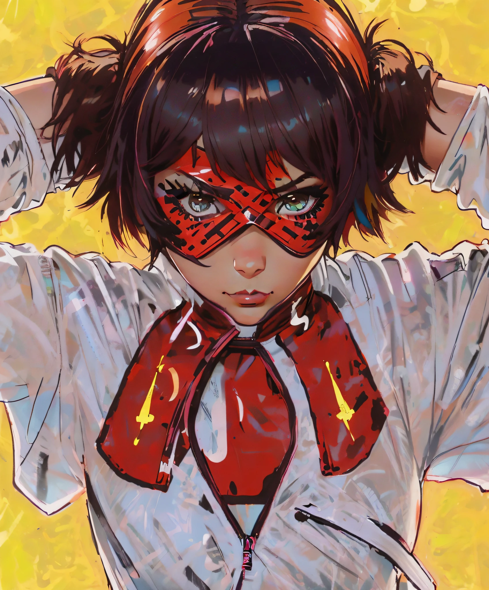 detailed fearsome warrior , realistic beautiful fit street punk 1girl, wearing (blindfold), (brown hair), black eyes, short hair. wearing ((army-colored latex matrix suit)) vibrant colors, colorful
smirking