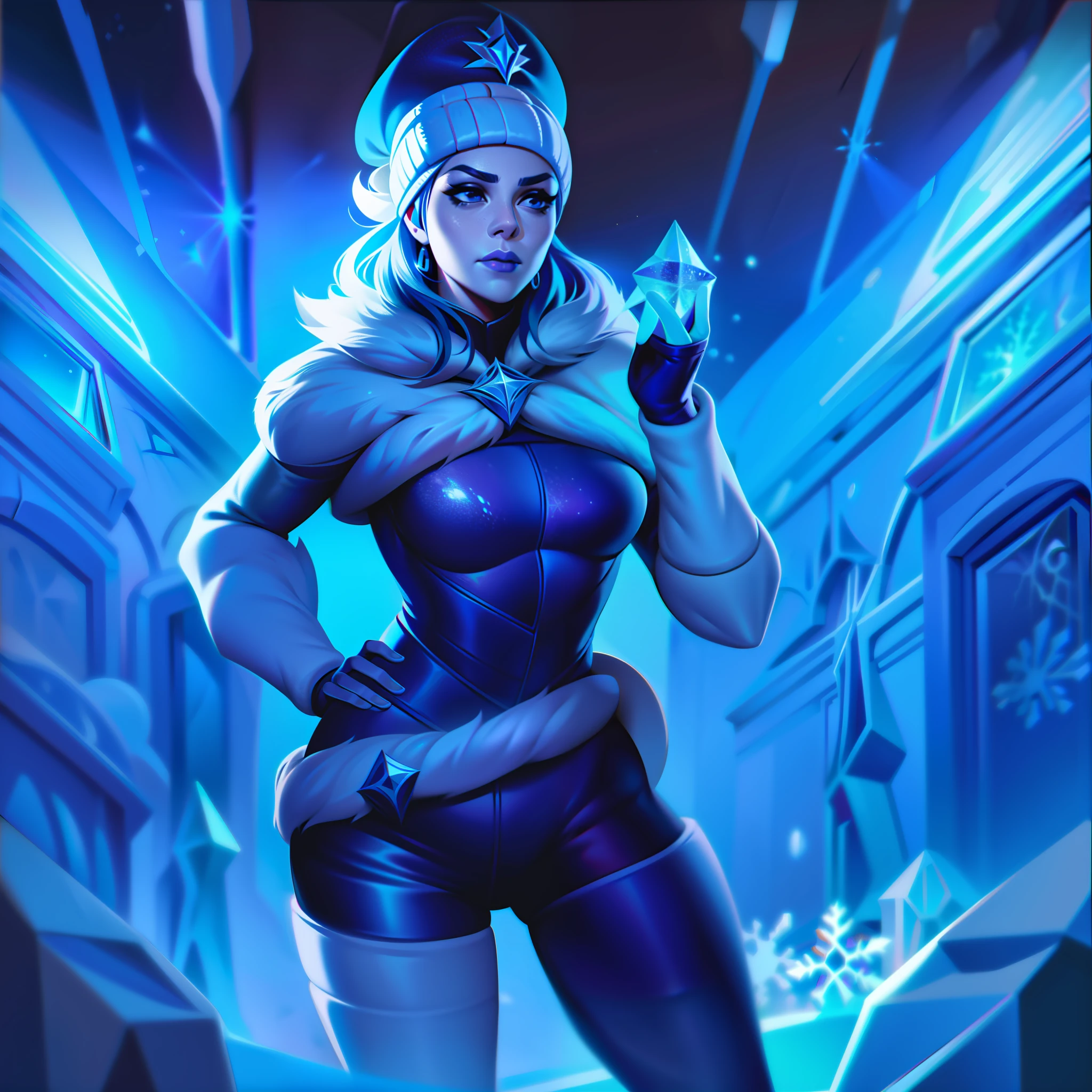 mulher + winterland + snowflake + ice body + sad splashart, splashart, league of legends splashart, arte, pincelada, obra-prima, 8k, ultra detalhado, HD