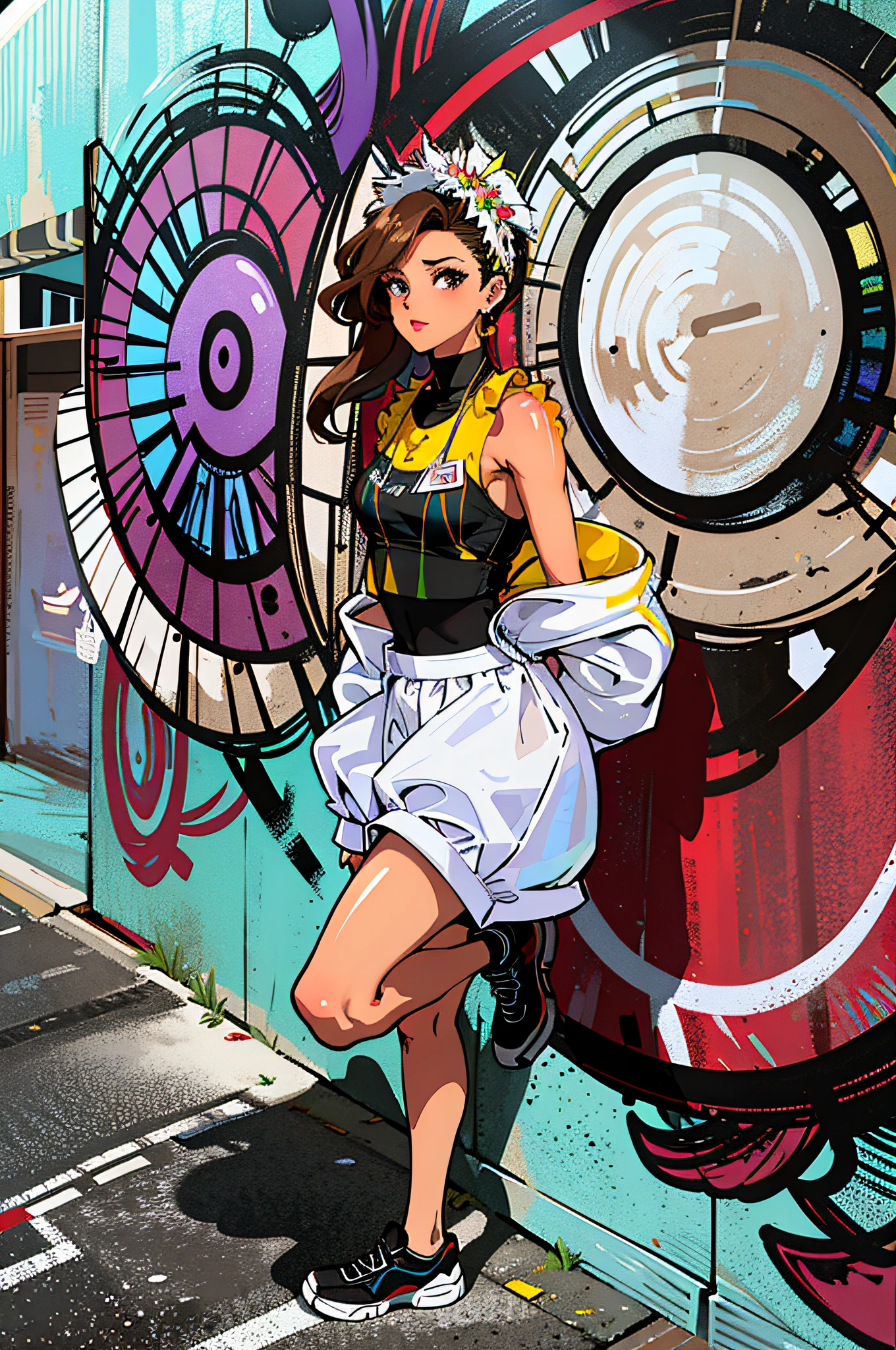 arafed woman in a white skirt and a brown top leaning against a wall, bra and shorts streetwear, wearing a sexy cropped top, posing in an urban street, white skirt and barechest, profile shot, tube-top dress, classic vibes, mix of aesthetics, lorena avarez, karla ortiz, vibrant aesthetic, full body! shot, casual pose