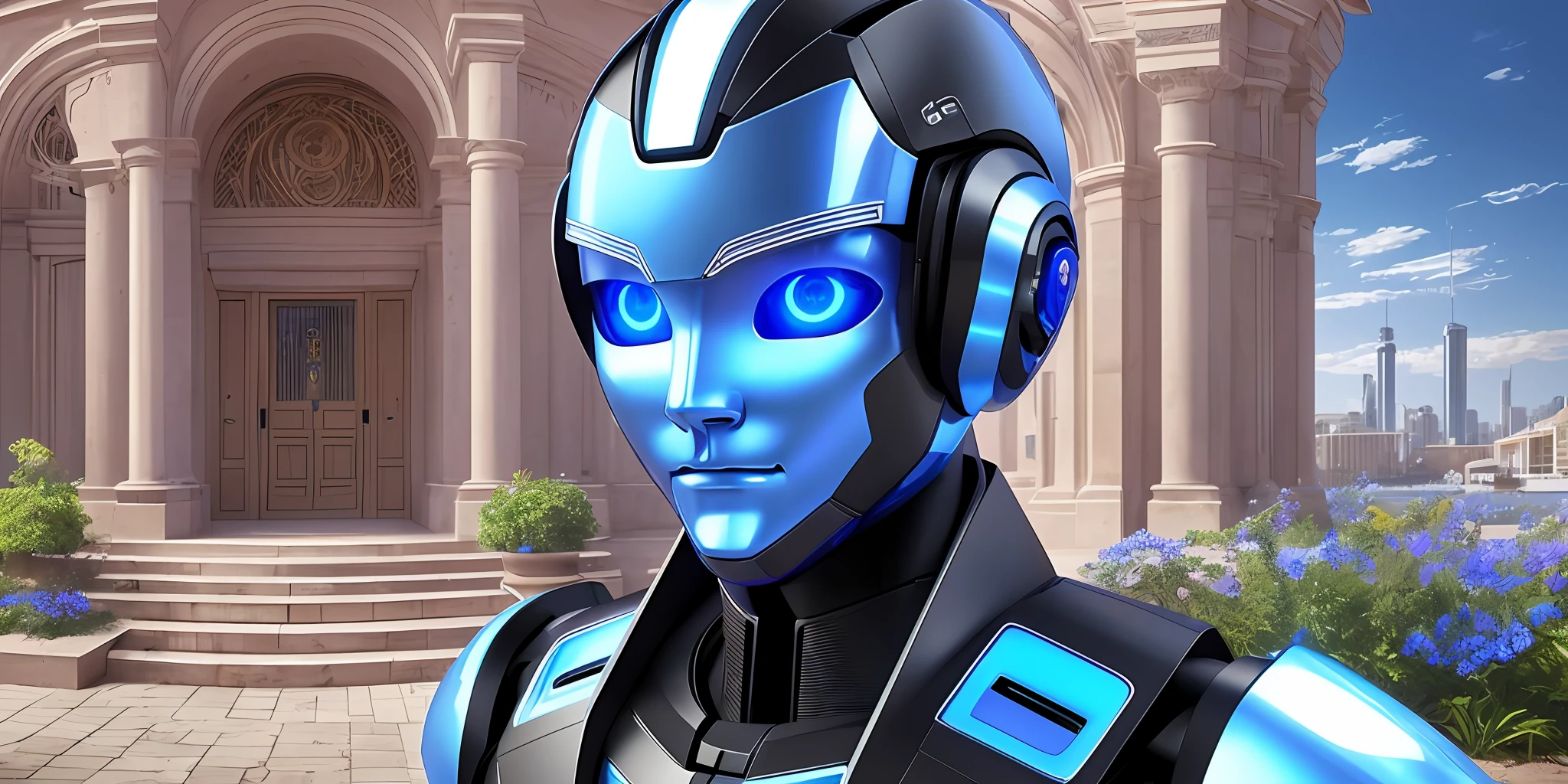 A humanoid robot of perfect physiognomy, kind, with blue eyes, helping people;:: photorealistic::1 realistic::1 technological::1 ultra modern::1 electric arc::1 ultra wide angle lens::1 --auto --s2