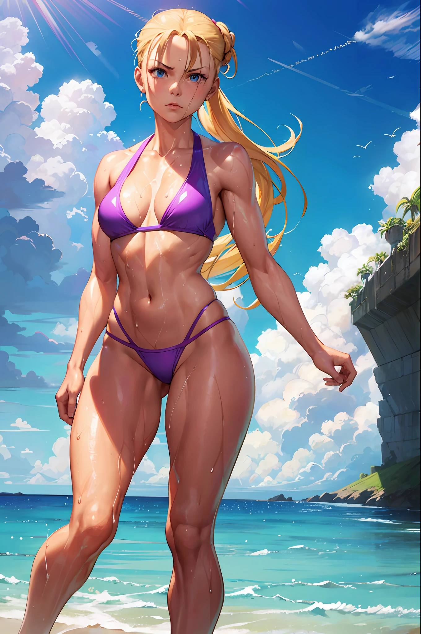 Cammy from Street Fighter, wearing a skimpy purple bikini, wet skin, oily skin, cute face, serious face, coming out from the sea, sunny day, sunny background, UHD, side lighting, ultra-realistic, ray tracing, full body must be visible