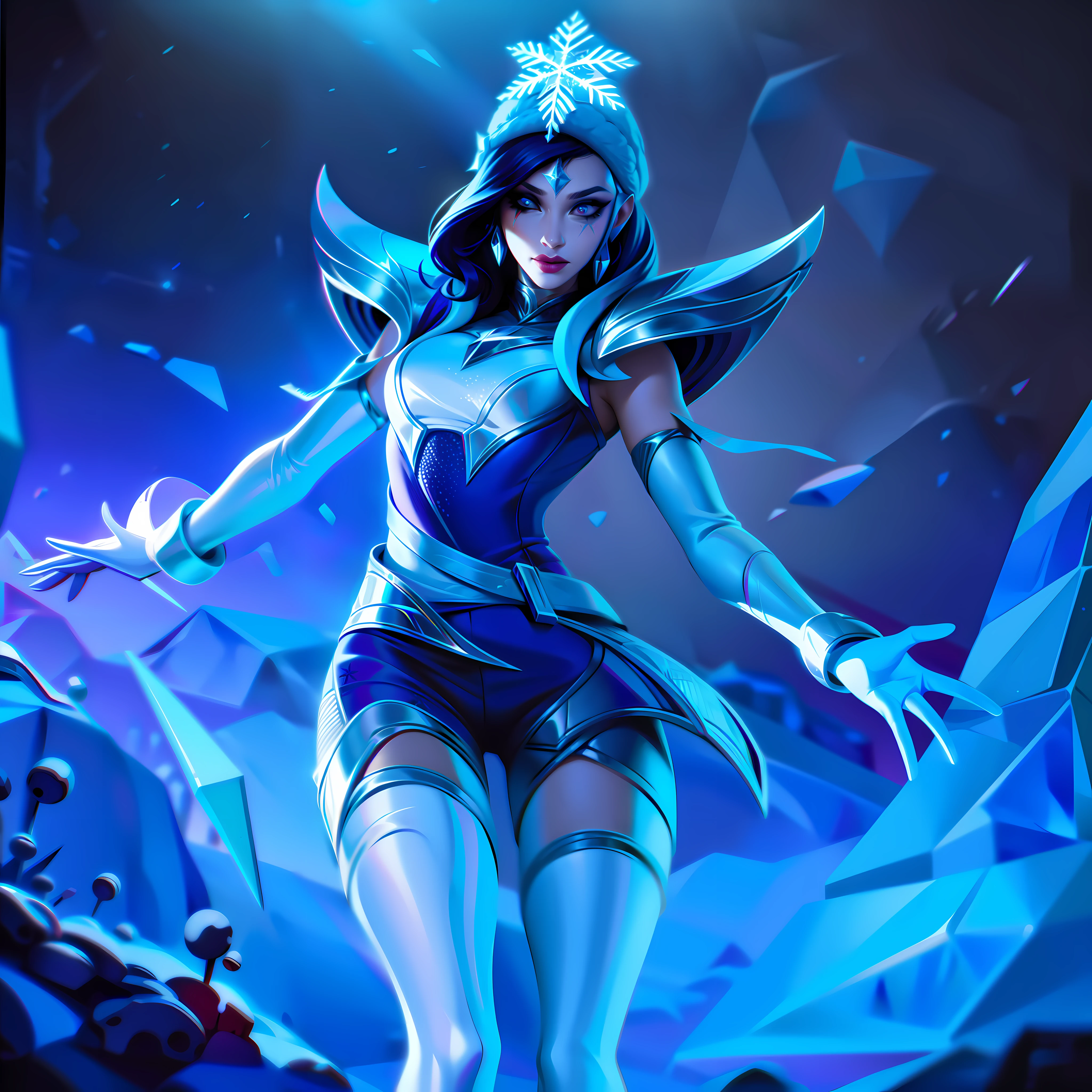 mulher + winterland + snowflake + ice body + sad splashart, splashart, league of legends splashart, arte, pincelada, obra-prima, 8k, ultra detalhado, HD