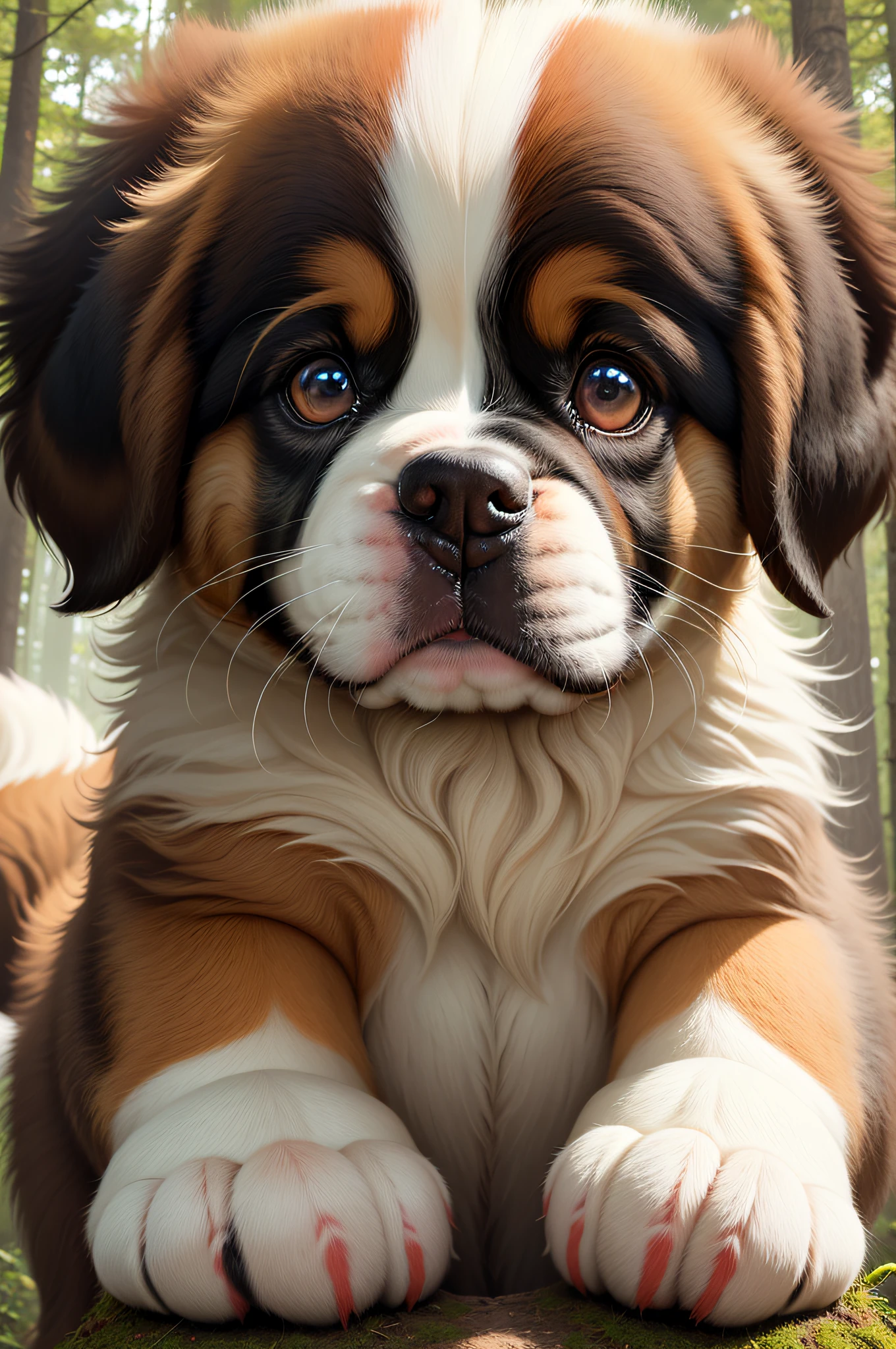 There is a St. Bernard puppy with thick paws, white with a red spot and red eyes in the forest during the day, close-up