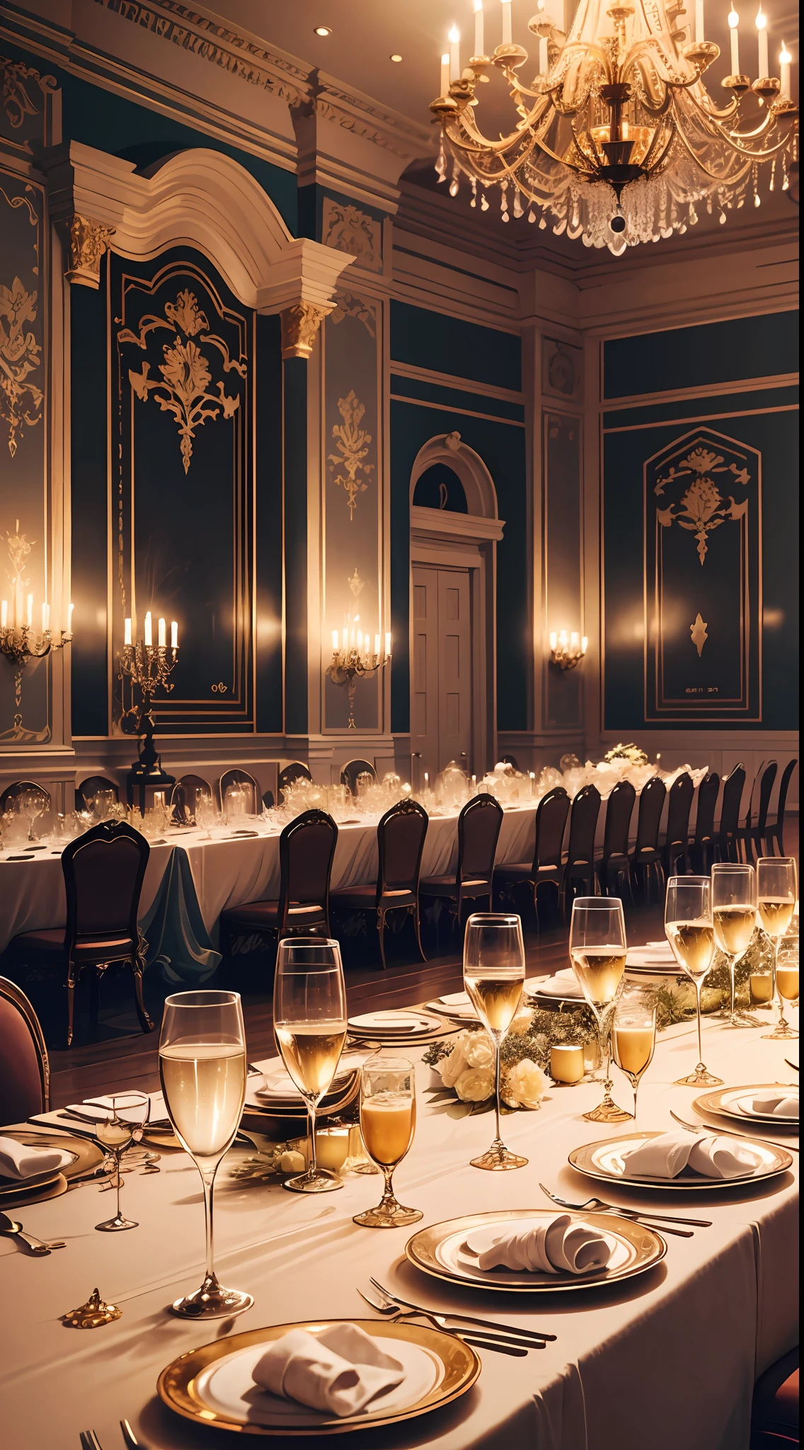 Imagine the scene of the night party in Recife. The setting is an old colonial mansion, with polished wooden floors and a large ballroom. Imposing chandeliers hang from the high ceiling, spreading a soft, golden light across the space. The walls are lined with elegant paintings and heavy curtains adorn the windows. The atmosphere is shrouded in a mood of mystery and luxury, with tables scattered throughout the hall, covered in glasses of champagne and sophisticated snacks. --auto --s2