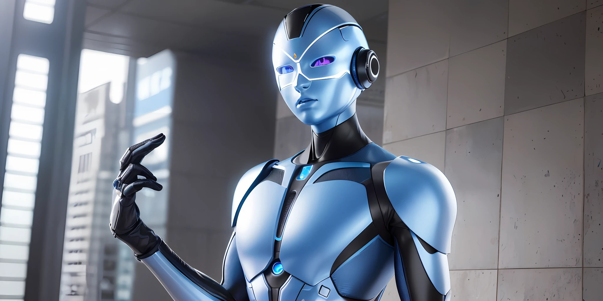 A humanoid robot of perfect physiognomy, kind, with blue eyes, helping people, torso up;:: photorealistic::1 realistic::1 technological::1 ultra modern::1 electric arc::1 ultra wide angle lens::1 --auto --s2