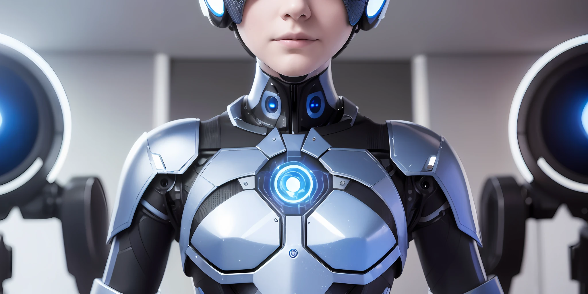 A humanoid robot of perfect physiognomy, kind, with blue eyes, helping people, torso up;:: photorealistic::1 realistic::1 technological::1 ultra modern::1 electric arc::1 ultra wide angle lens::1 --auto --s2