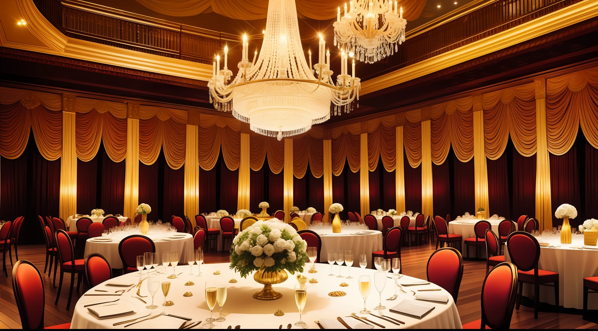 Imagine the scene of the night party in Recife. The setting is an old colonial mansion, with polished wooden floors and a large ballroom. Imposing chandeliers hang from the high ceiling, spreading a soft, golden light across the space. The walls are lined with elegant paintings and heavy curtains adorn the windows. The atmosphere is shrouded in a mood of mystery and luxury, with tables scattered throughout the hall, covered in glasses of champagne and sophisticated snacks. --auto --s2