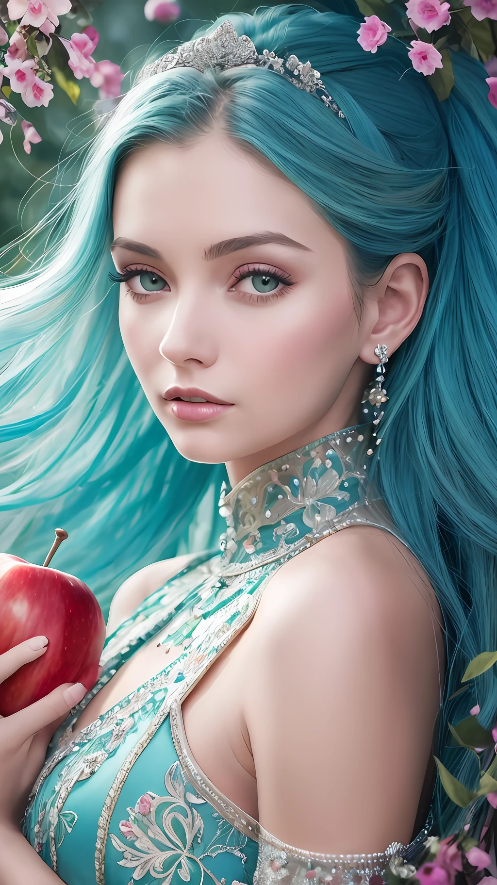 Arafed woman in a dress standing in a red apple field, beautiful detailed portrait, beautiful digital artwork, stunning elegant pose, detailed beauty portrait, art fashion photography, detailed dress and face, green and blue tones, beautiful digital illustration, sergey zabelin, photo of a beautiful woman, very nice photo, by Galen Dara, close-up portrait, details Blue turquoise, last she a small river with ducks, and a white horse that drink from the river, the woman carries in these arms a very beautiful colorful bird of 4 colors