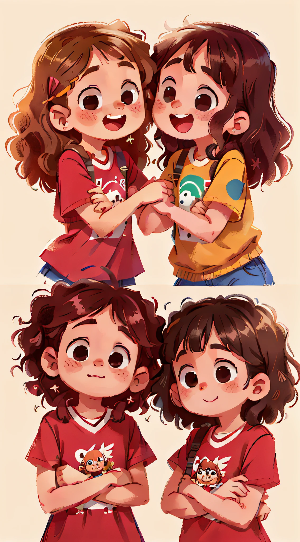 Two girls, twins, curly brown hair, one is very happy and the other sad