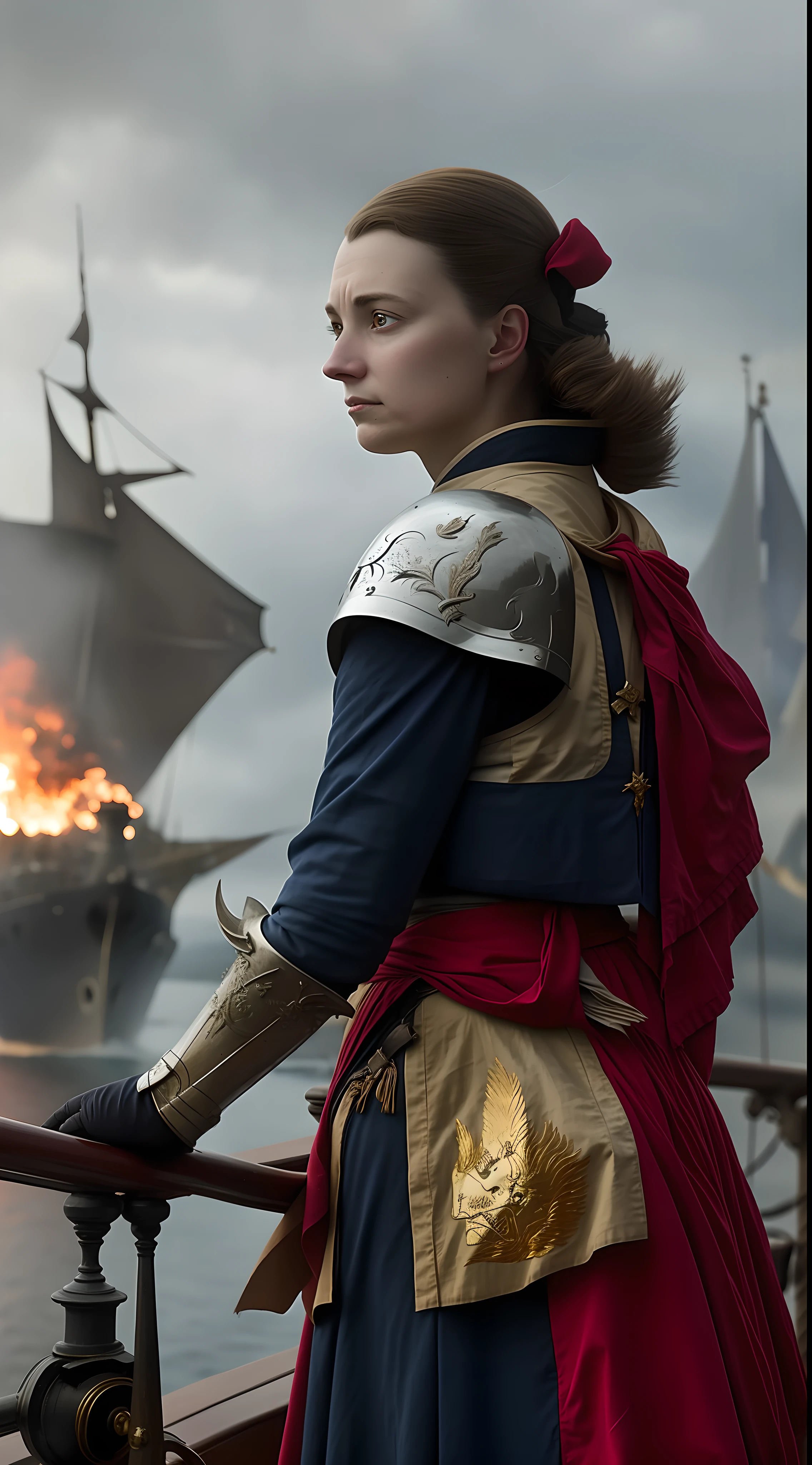 Capture Jeanne de Clisson on her ship's deck, determination etched on her face. A burning French flag in the background symbolizes her rebellion. Yet, show the isolation and alienation she feels in her quest for vengeance