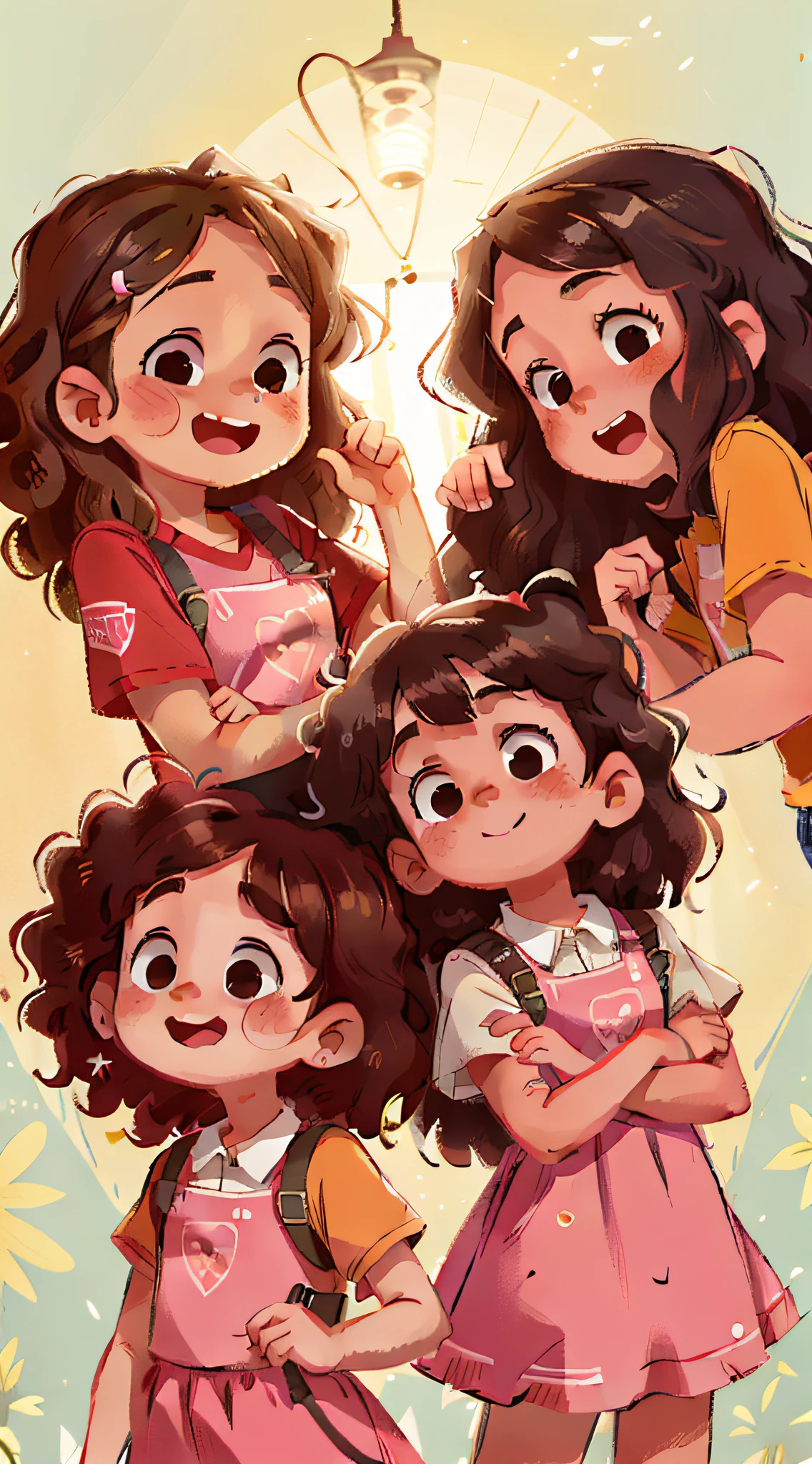 Two girls, twins, curly brown hair, one is very happy and the other sad