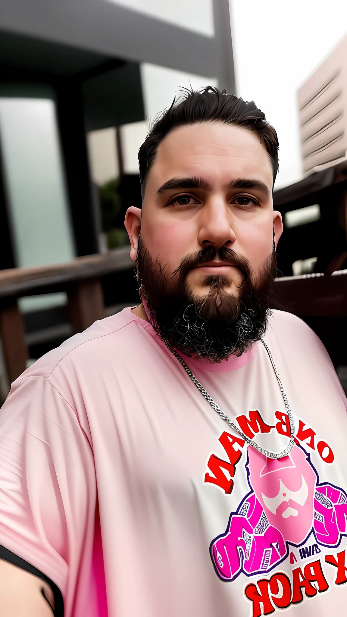 There's a man with a beard and pink shirt, very fat, high quality photo, about 30 years old, taken in early 2020, profile picture, 8K, high definition, ultra detailed
