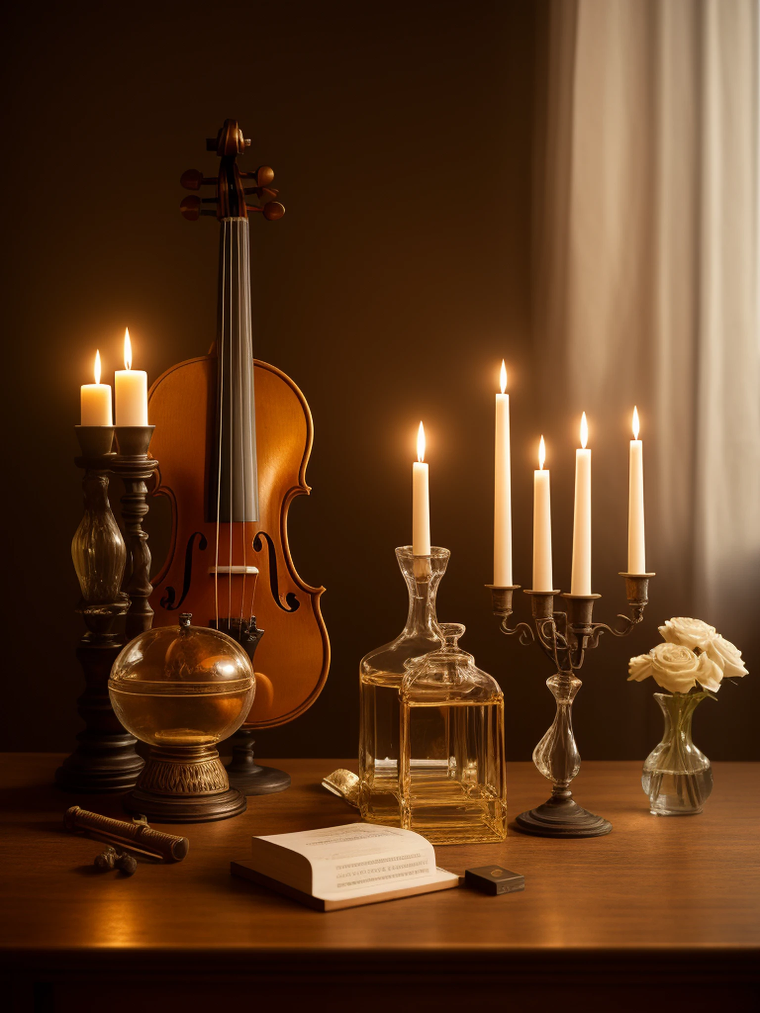 RAW, analog style, close up photo, there is a group of 11 objects on a wooden table: Stradivari violin, sheet music, realistic old broken human skull, globe, book, hourglass, candle, sword, flowers and fruits, candlestick, in the background 18th century Baroque castle room environment, antique furnitures, draperies, darkened room, soft candle light, cinematic lighting, contrast lighting, dslr, photorealistic, hyperrealistic, neutral colors, lifelike texture, insanely intricate details, amazing fine detail, hyper detailed, film grain, sharp focus, volumetric fog 8k, ultra high res, photographed with Nikon d5600 f5.6 lens 500mm, Kodak portra 400