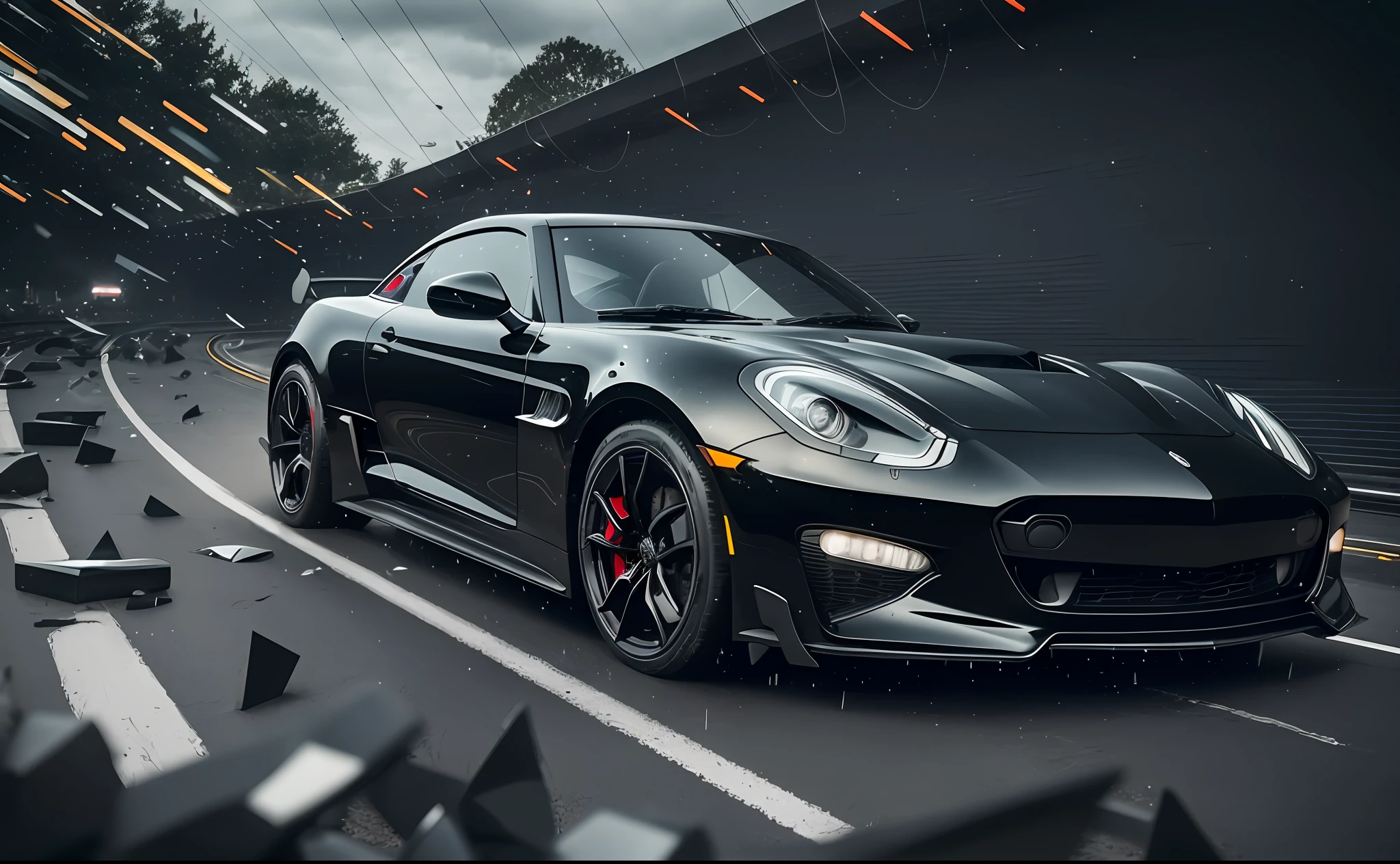 In the chaotic setting of a cloudy day, a sleek and elegant black sports car exudes an aura of power and luxury as it flies through the tracks, its meticulously designed aerodynamics cutting through the air at high speed. The glossy black paint, flawless and immaculate, reflects the lights from the lampposts along the way. The car, like a wrecking ball, begins to spin violently around its longitudinal axis. The windows shatter into small fragments, creating a shower of sparkling shards. --auto --s2