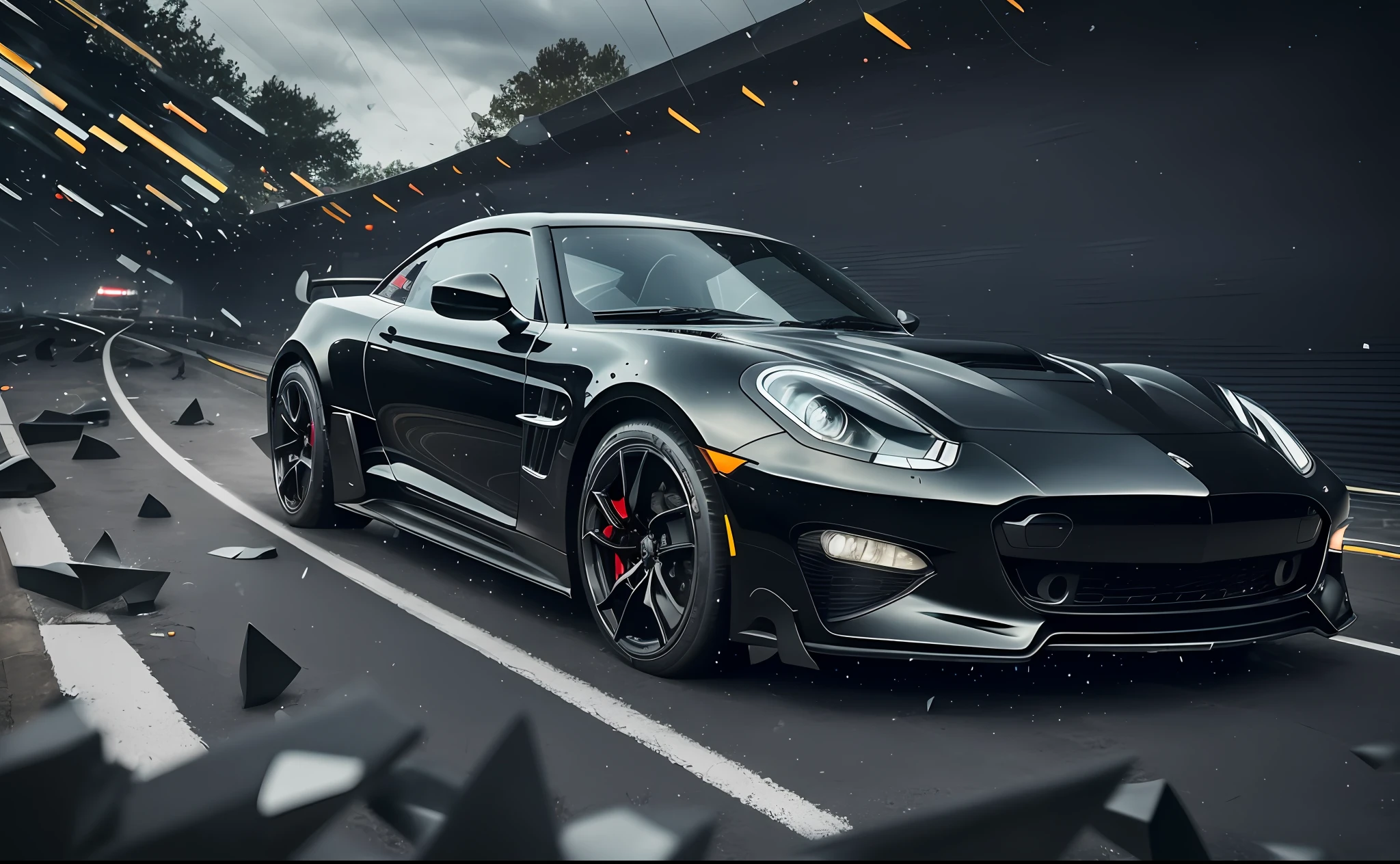 In the chaotic setting of a cloudy day, a sleek and elegant black sports car exudes an aura of power and luxury as it flies through the tracks, its meticulously designed aerodynamics cutting through the air at high speed. The glossy black paint, flawless and immaculate, reflects the lights from the lampposts along the way. The car, like a wrecking ball, begins to spin violently around its longitudinal axis. The windows shatter into small fragments, creating a shower of sparkling shards. --auto --s2