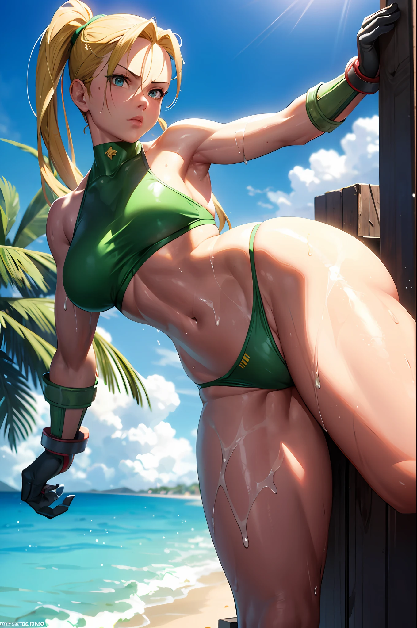 Cammy from Street Fighter, wearing a skimpy green bikini, wet skin, oily skin, cute face, serious face, coming out from the sea, sunny day, sunny background, UHD, side lighting, ultra-realistic, ray tracing, full body must be visible