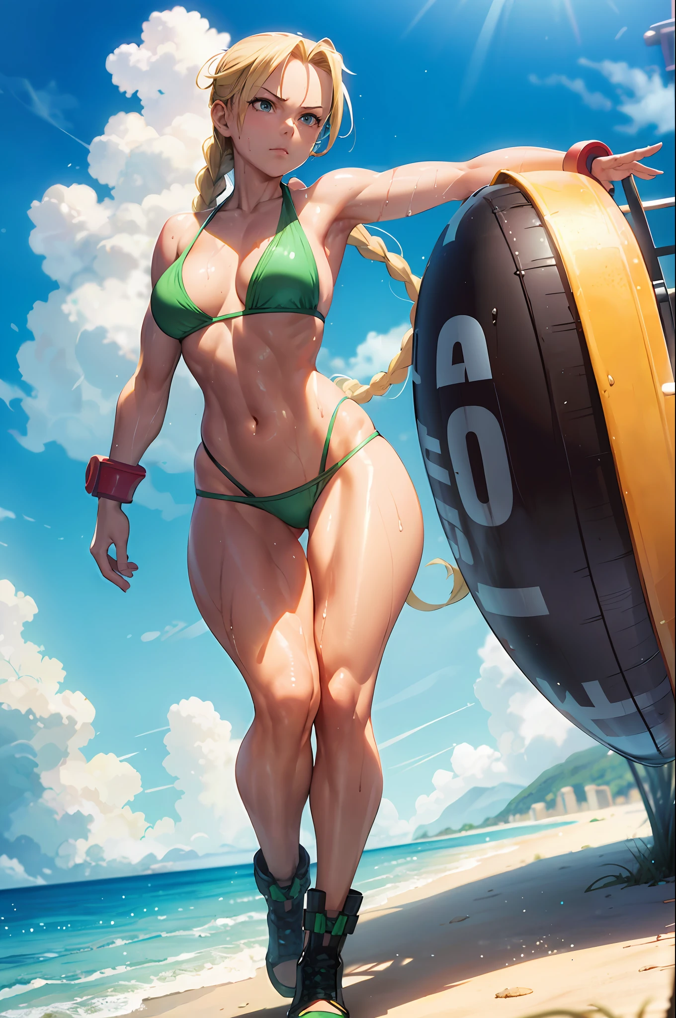 Cammy from Street Fighter, wearing a skimpy green bikini, wet skin, oily skin, cute face, serious face, coming out from the sea, sunny day, sunny background, UHD, side lighting, ultra-realistic, ray tracing, full body must be visible