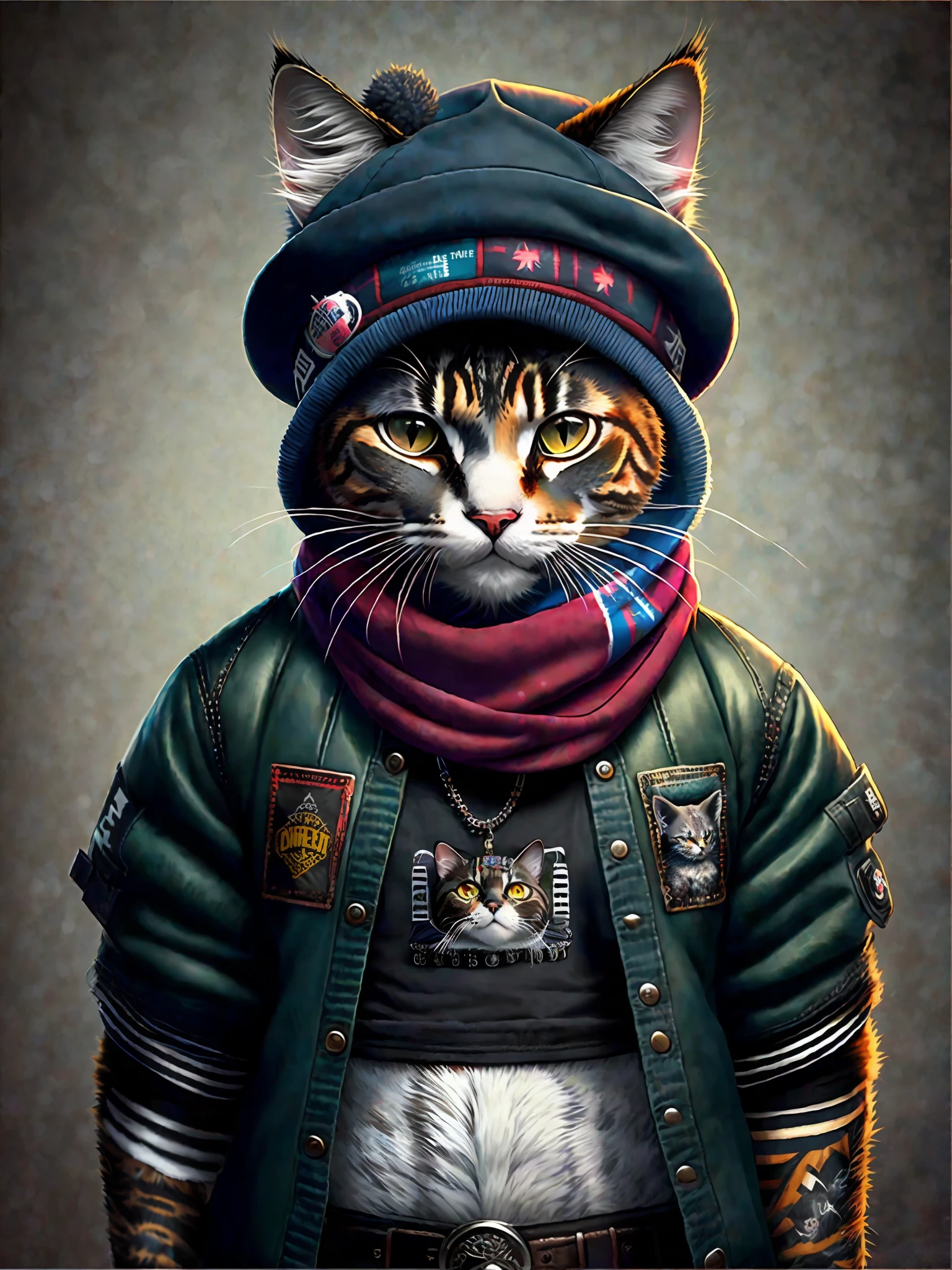 Image of a cat with hat and scarf, trend of the art station, dressed in punk clothes, detailed rendering hyper realistic, British gang member, Palmerense urban style, intimidating pose, planet of cats, fashionable clothes, urban samurai, meow, West Slavic traits, 8 1 5