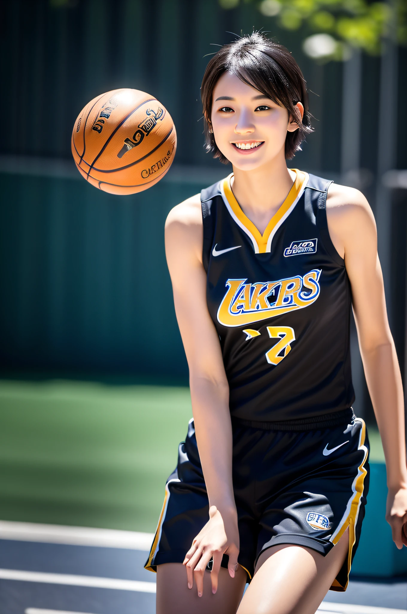(8k, highest quality, masterpiece: 1.2), ultra detail, best quality, ultra high resolution, professional lighting, photon mapping, radiosity, physically based rendering, cinematic lighting, basketball court, depth of field, focusing, sun rays, good composition, (bokeh: 1.2), 1 girl, (full body), smile, beautiful eyes, pose, constriction, basketball uniform, Black Hair, Short Hair,