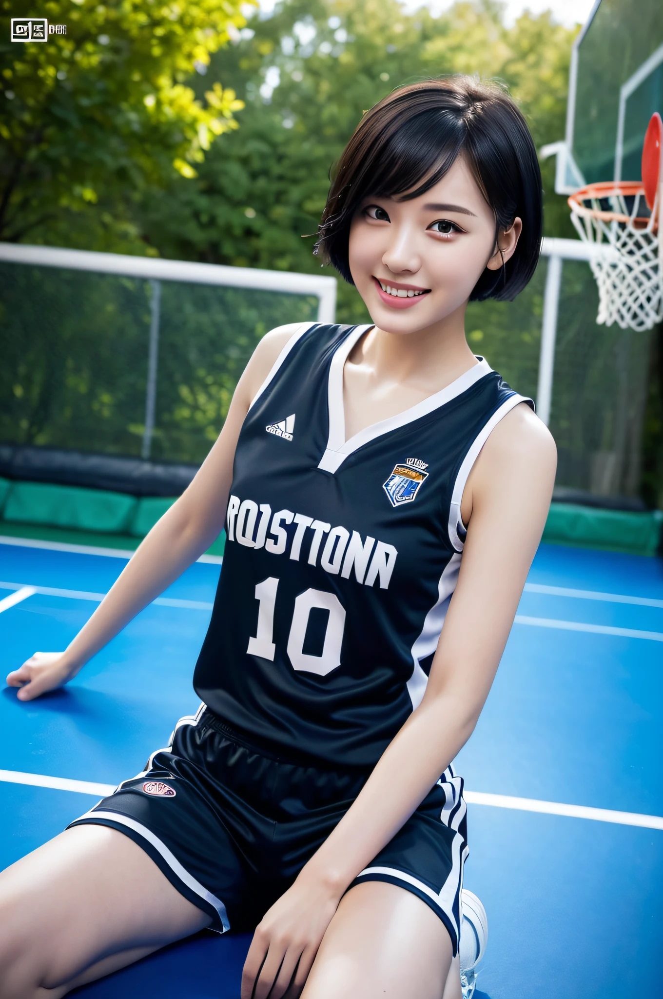 (8k, highest quality, masterpiece: 1.2), ultra detail, best quality, ultra high resolution, professional lighting, photon mapping, radiosity, physically based rendering, cinematic lighting, basketball court, depth of field, focusing, sun rays, good composition, (bokeh: 1.2), 1 girl, (full body), smile, beautiful eyes, pose, constriction, basketball uniform, Black Hair, Short Hair,