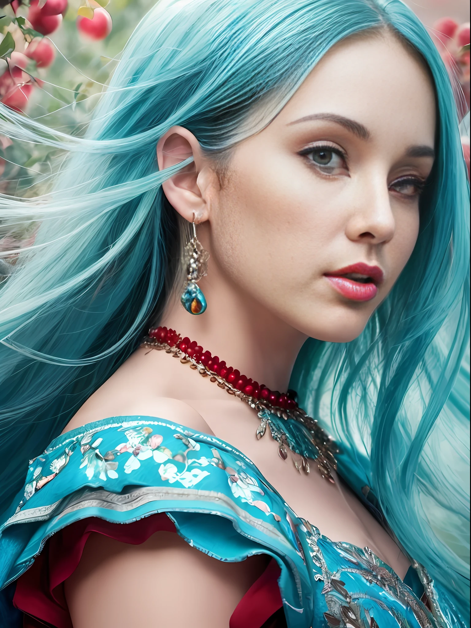 Arafed woman in a dress standing in a red apple field, beautiful detailed portrait, beautiful digital artwork, stunning elegant pose, detailed beauty portrait, art fashion photography, detailed dress and face, green and blue tones, beautiful digital illustration, sergey zabelin, photo of a beautiful woman, very nice photo, by Galen Dara, close-up portrait, details Blue turquoise, last she a small river with ducks, and a white horse that drink from the river, the woman carries in these arms a very beautiful colorful bird of 4 colors