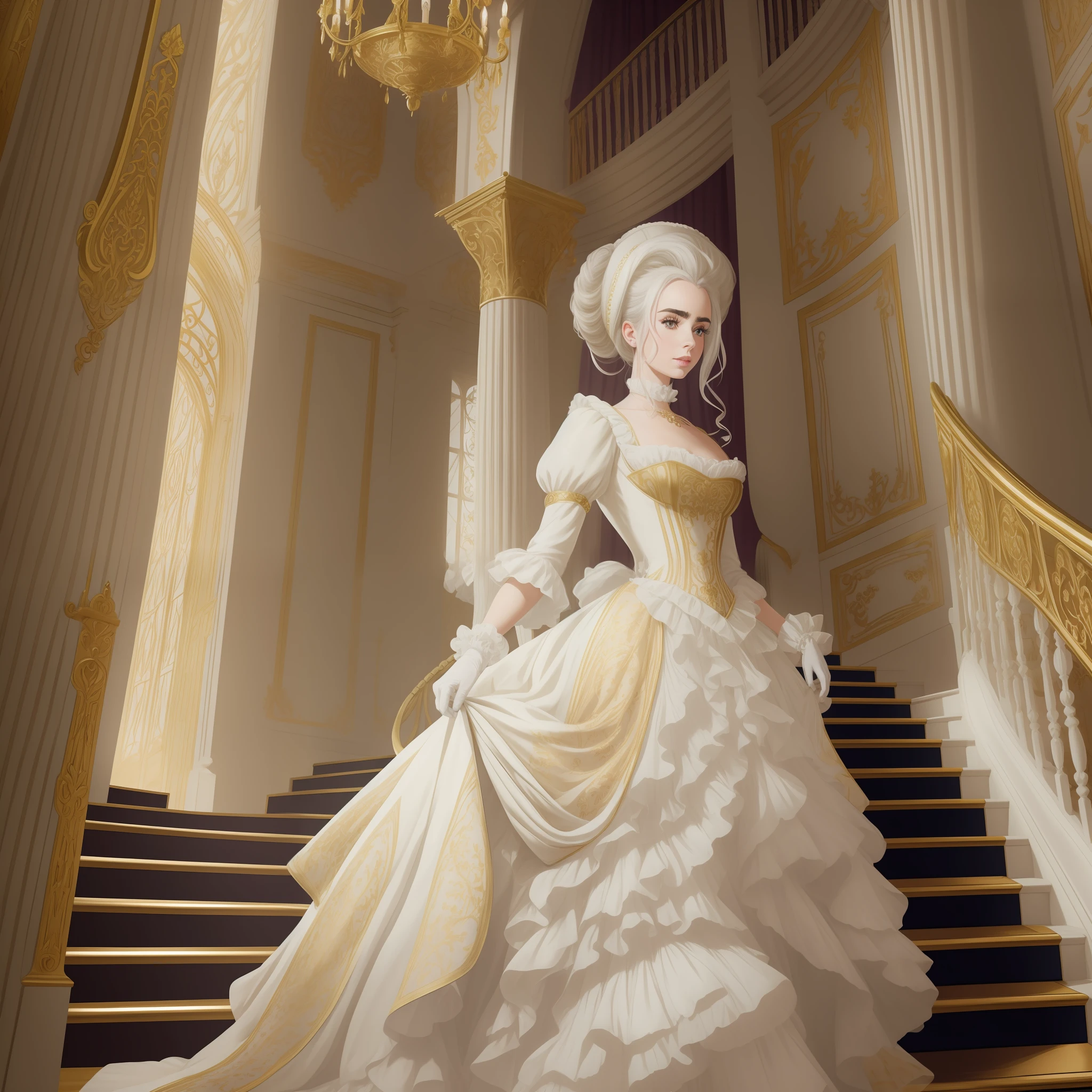 Lily Collins with white hair in a Marie Antoinette hairstyle, wearing a super detailed medieval Victorian gold dress, gloves and an eye mask. Descending the stairs from inside a palace to the ballroom, illustration is detailed, soft and bright, HD art by Greg Hildebrandt