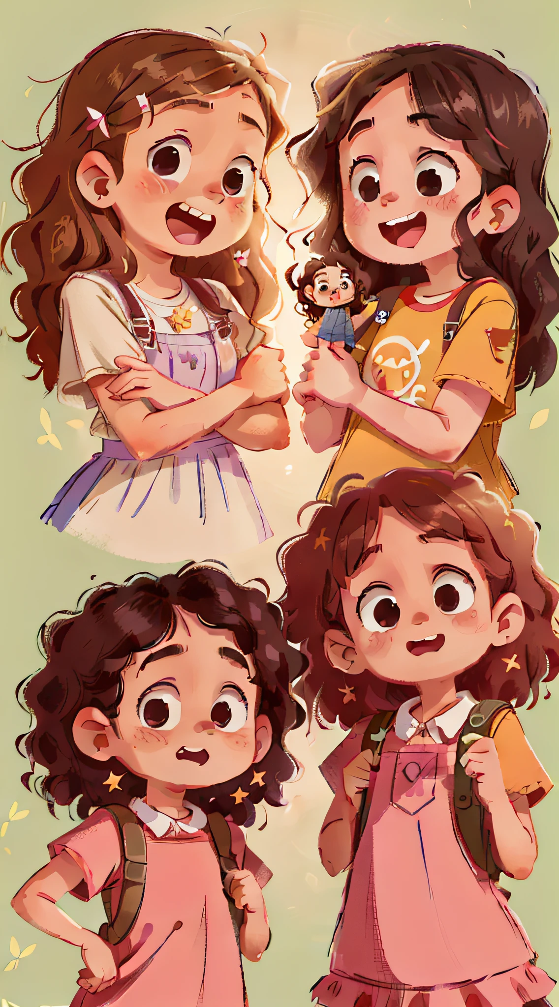 Two girls, twins, curly brown hair, one is very cheerful and the angry