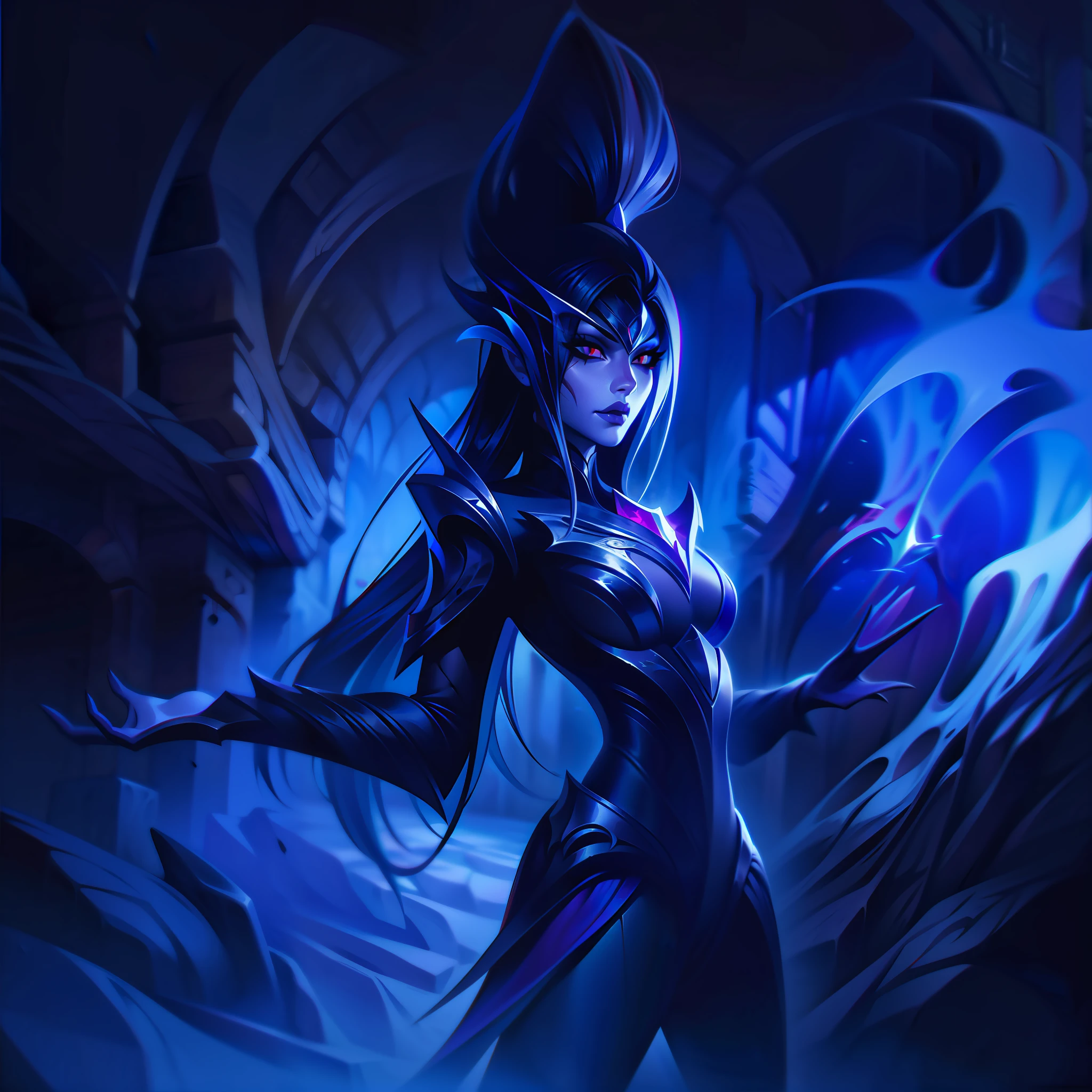 woman + vampire + evil + silver blue + ravine splashart, splashart, league of legends splashart, art, brushstroke, masterpiece, 8k, ultra detailed, HD