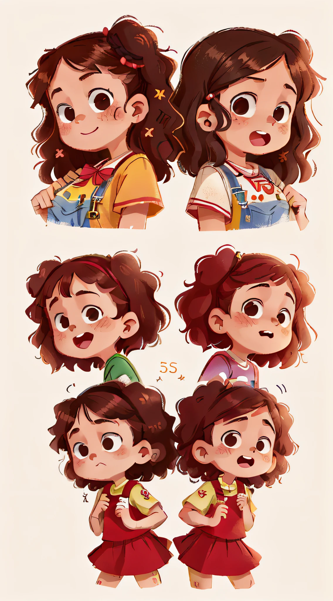 Two girls, twins, curly brown hair, one is very cheerful and the angry