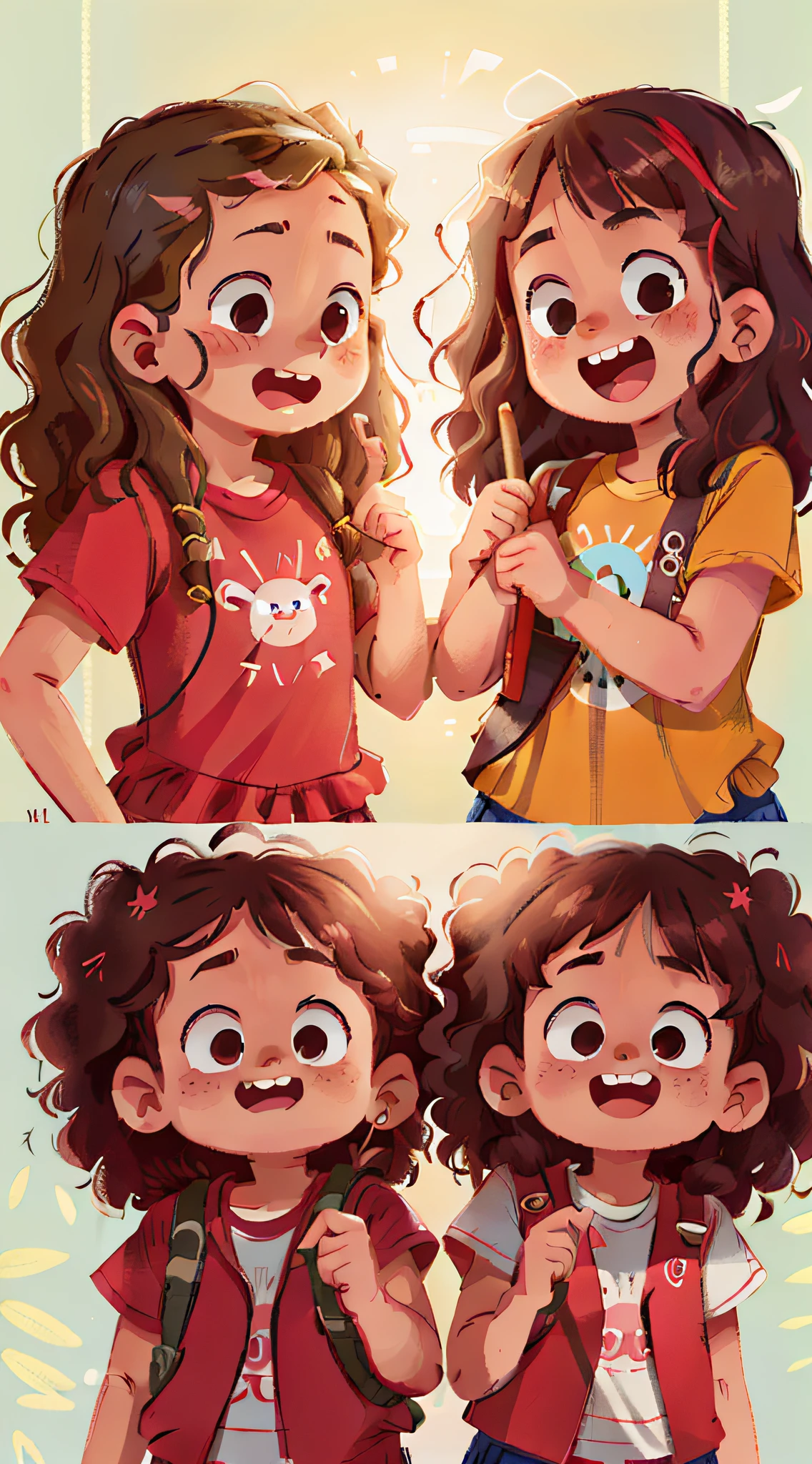 Two girls, twins, curly brown hair, one is very cheerful and the angry