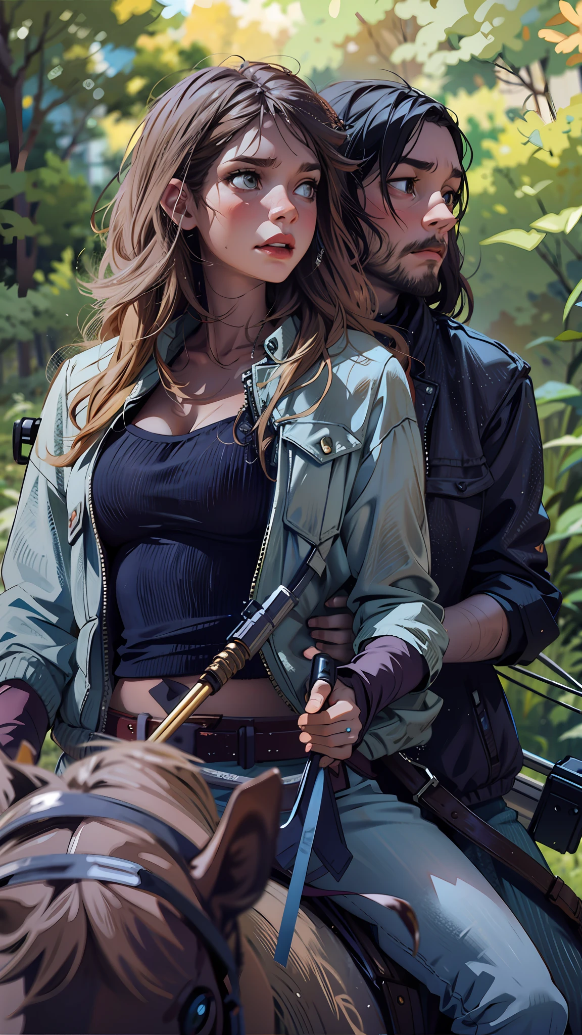 there are two women riding horses in the woods together, promotional still, in the walking dead, promo still, still from a live action movie, the walking dead, 🤬 🤮 💕 🎀, scene from live action movie, sunday, promotional image, amanda clarke, exclusive, walking dead, nbc, medium shot of two characters, textless, netflix, fox