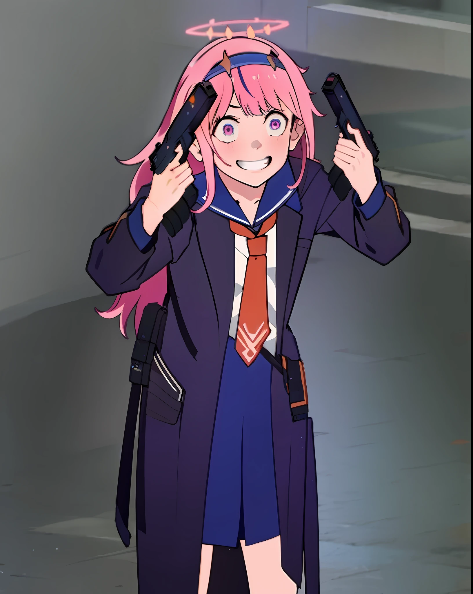 akimbo weapons, looking at the viewer, smile, bangs, holding, gun, teeth, cinematic background,holding gun, gun, leaning forward, parody, holding gun, pistol, double wielding, wide eyes, crazy eyes, crazy smile, (masterpiece, best quality: 1), 1girl, solo, bags under the eyes, bangs, pink hair, blue eyes, halo, white hair band, brown cardigan, long hair,  serafuku white, white skirt, zero two, 2D anime, one girl alone, only one girl