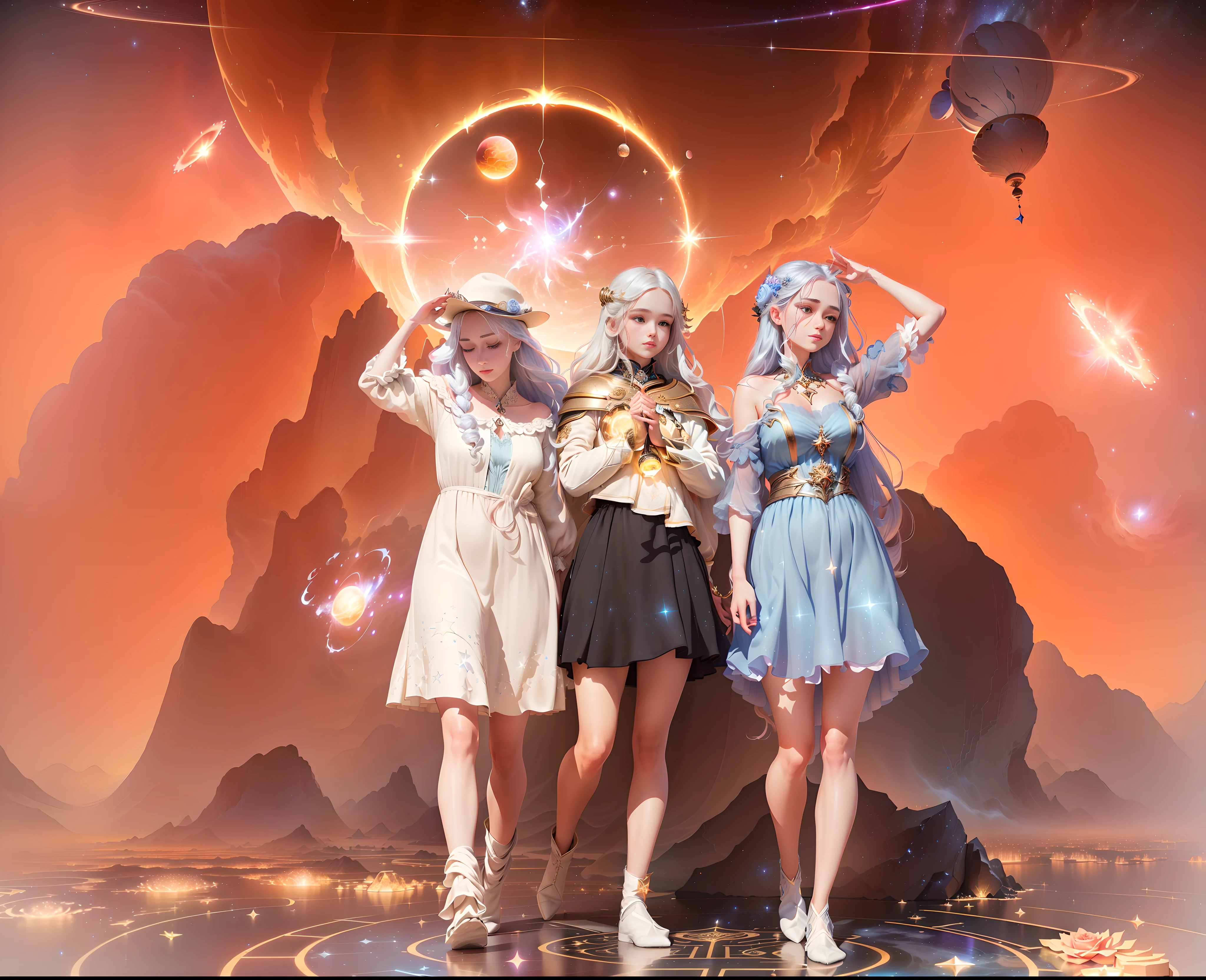 Masterpiece, best quality, (very detailed CG unity 8k wallpaper), (best quality), (best illustration), (best shadows), cosmic theme with natural elements. Circle, surrounded by planetary orbits and turbulence, with fireflies and glowing particle effects, (natural elements), (cosmic theme), (stars), (milky way), (stars), void, (delicate celestial bodies), (luminous), (particle effects). , isometric 3D, Octane rendering, ray tracing, super detailed (extremely detailed CG Unity 8k wallpaper, masterpiece, high quality, super detailed), 1girl (charming girl, lavish decoration, gorgeous, and charming red rose), (dynamic view, dazzling eyes, long silver hair: 1.3, fine collection,) surrounded by arcane runes, (magic and mysterious background, firefly lights, glowing particles, ethereal fog and darkness), high saturation