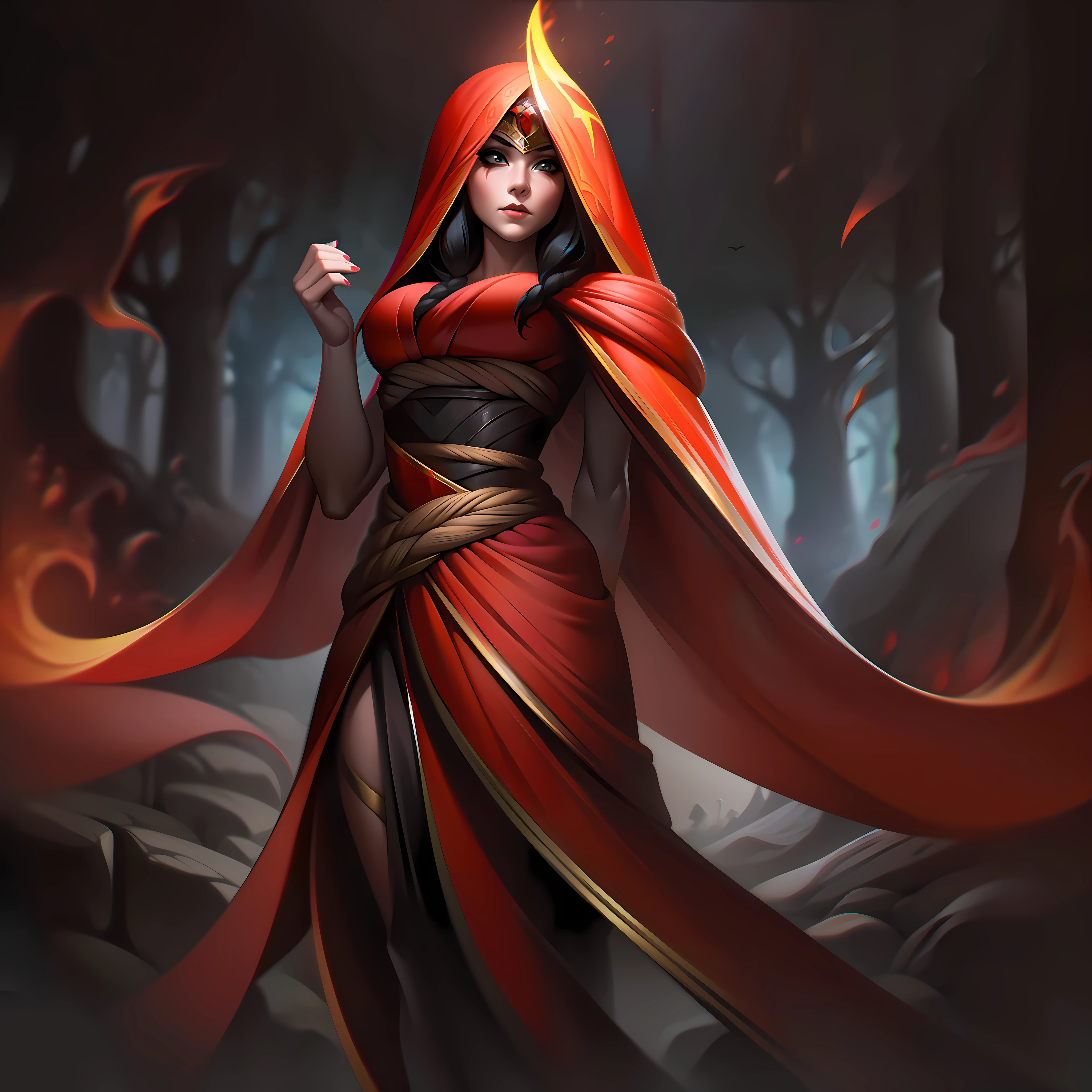 woman + fire + veil + forest + cult splashart, splashart, league of legends splashart, art, brushstroke, masterpiece, 8k, ultra detailed, HD