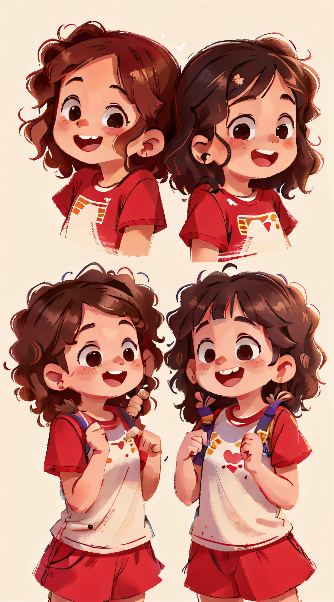 Two girls, twins, curly brown hair, both very happy, giving giggles